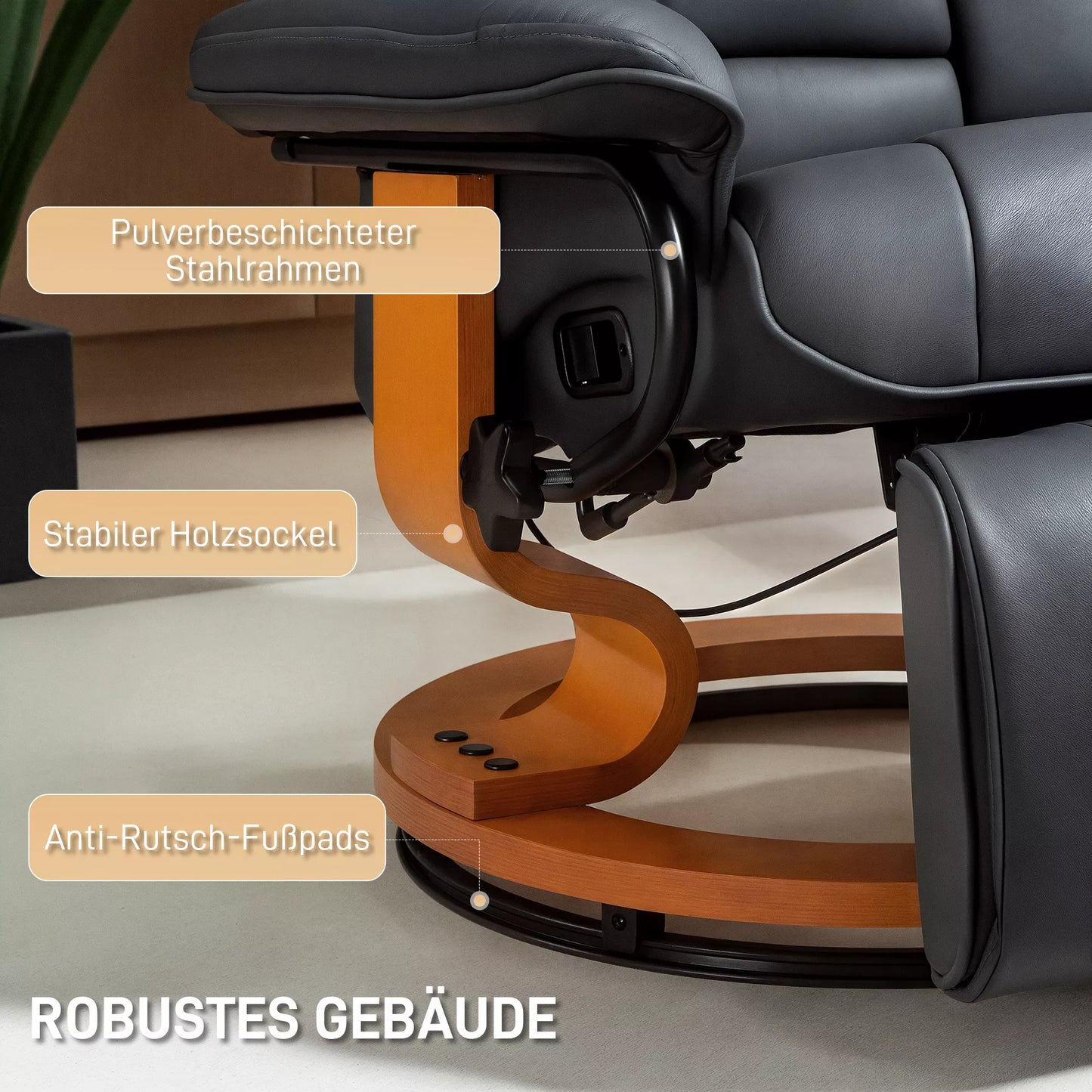 Sūkurinis poilsio fotelis su atlošimo funkcija, iki 150 kg, dirbtinės odos apmušalas, plieninis rėmas, tamsiai pilkas