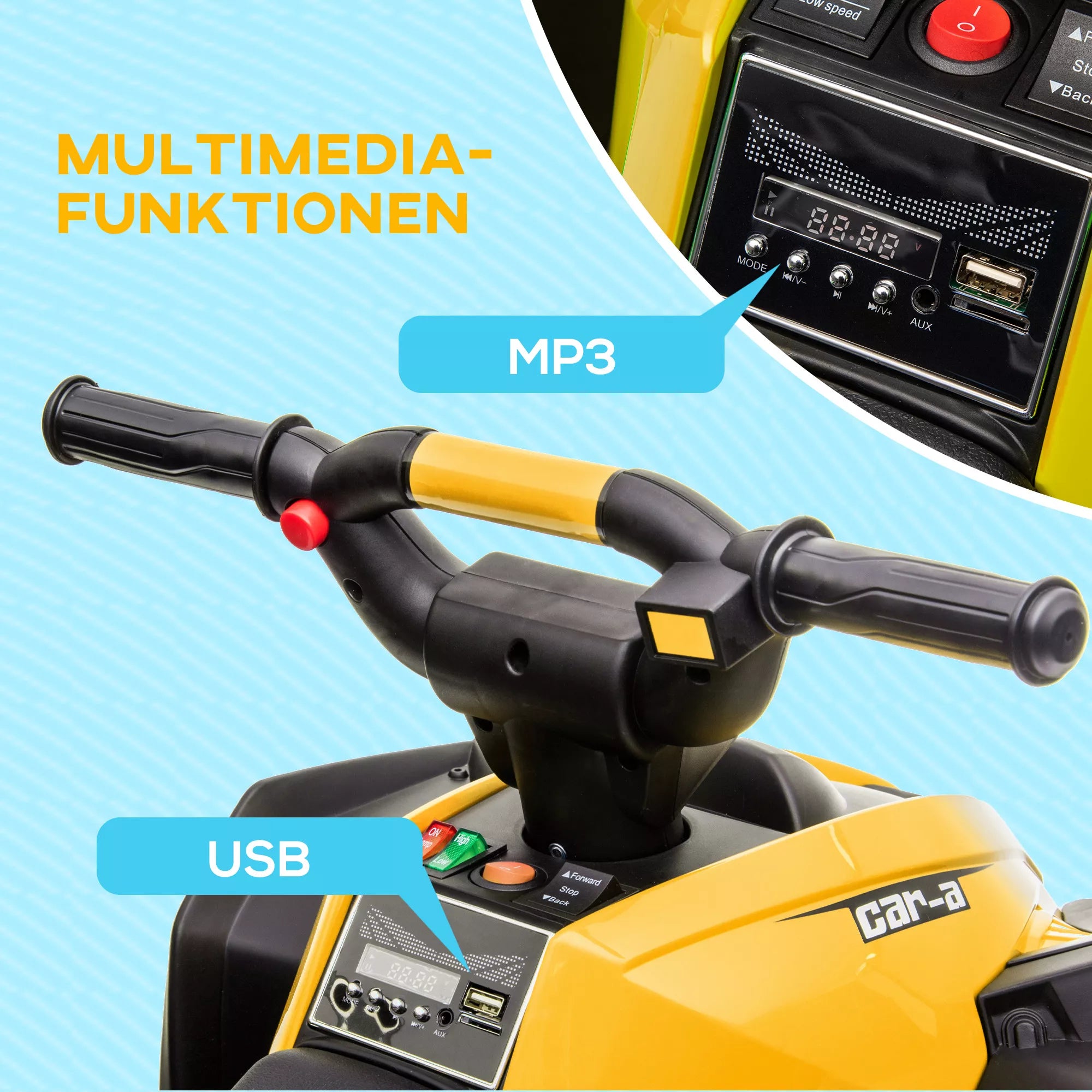 Elektrinis vaikų keturratis, LED žibintai, MP3 grotuvas, amortizatoriai, ergonomiška sėdynė, geltona + juoda
