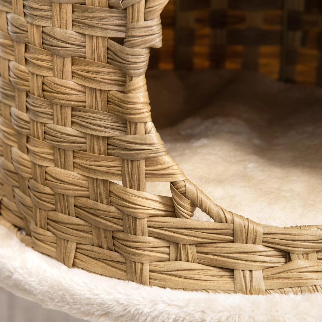 Kratzbaum Rattan 95 cm aukščio 3 pakopų kačių medis su platforma, kačių lovele, laipiojimo medis su kačių urvu, sizalio kamienais, žaisliniais kamuoliais, kačių baldais, sizalio natūralia + smėlio spalva