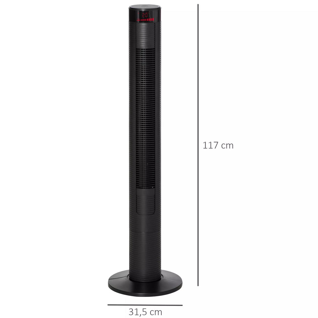 Tylus bokštinis ventiliatorius su nuotolinio valdymo pultu 117 cm 70° osciliacinis ventiliatorius Stovinis ventiliatorius su 4 režimais, 3 greičiais, 12 val. laikmačiu, LED ekranu, juodos spalvos