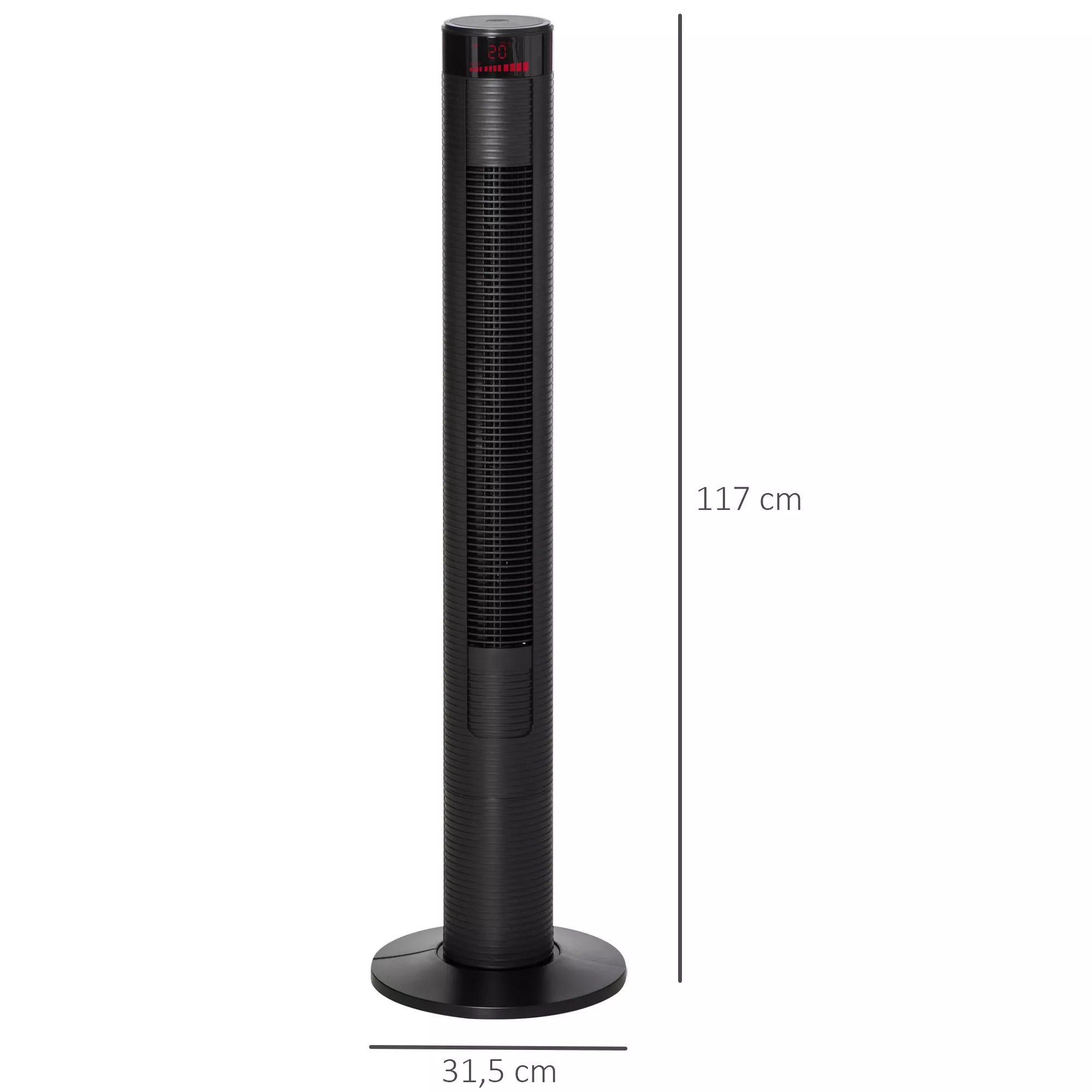 Tylus bokštinis ventiliatorius su nuotolinio valdymo pultu 117 cm 70° osciliacinis ventiliatorius Stovinis ventiliatorius su 4 režimais, 3 greičiais, 12 val. laikmačiu, LED ekranu, juodos spalvos