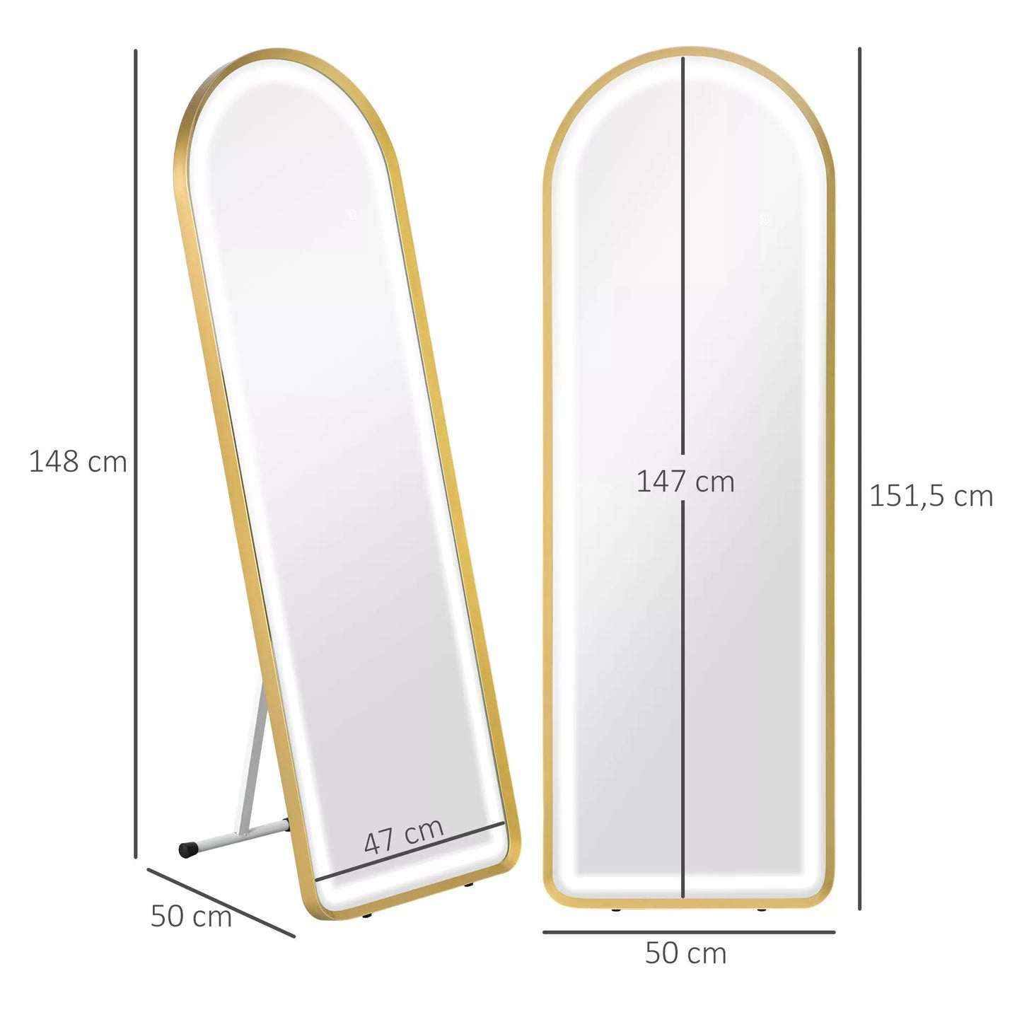 Pastomas veidrodis, sieninis veidrodis, pilno dydžio veidrodis su sieniniu tvirtinimu, 151,5 x 50 x 4 cm, auksas