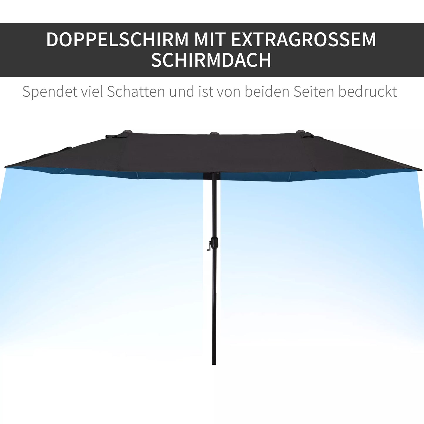 Dvigubas skėtis nuo saulės 455 x 270 cm, sodo skėtis su rankena, ovalus, stabilus metalinis stiebas, prekybinis skėtis, terasos skėtis, apsauga nuo saulės paplūdimiui, balkonui, terasai, sodui, juodas