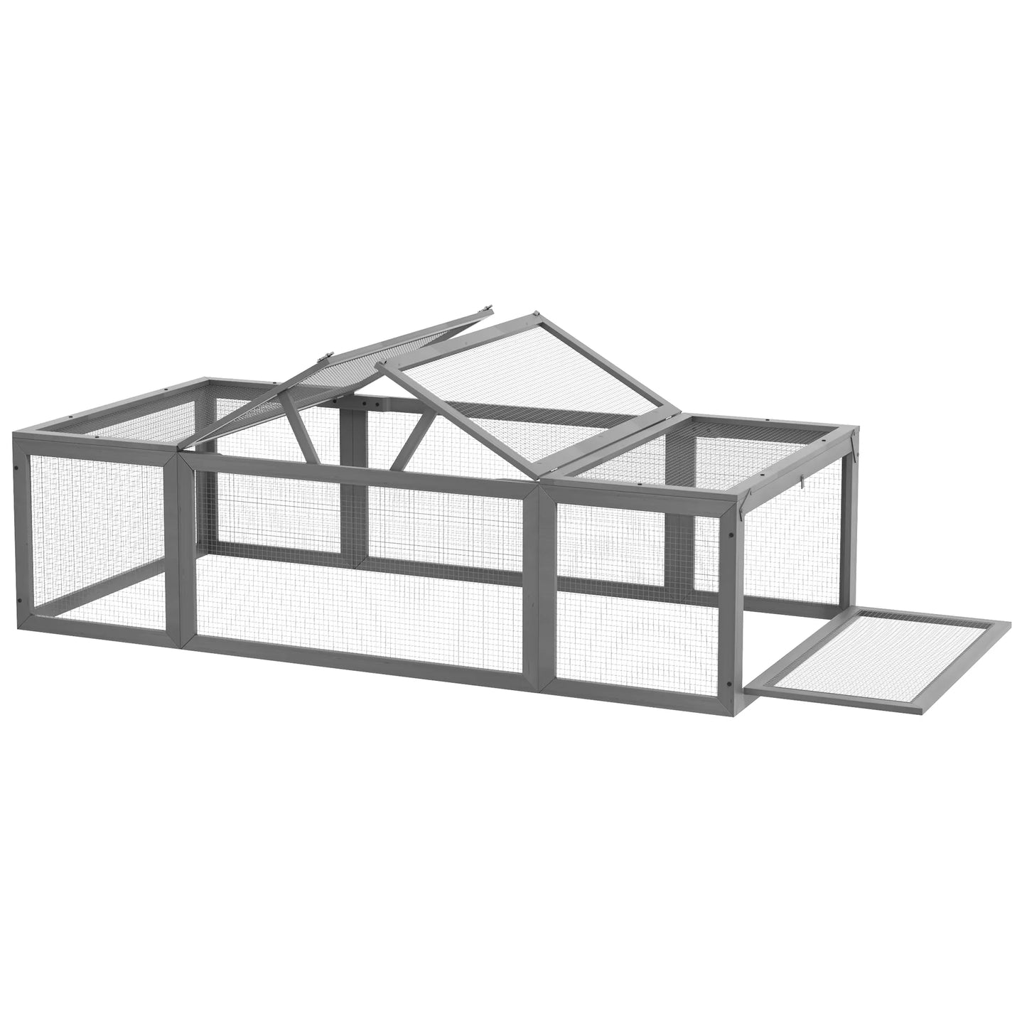 Lauko voljeras smulkiems gyvūnams, atlenkiamas stogas, eglės mediena, pilkas