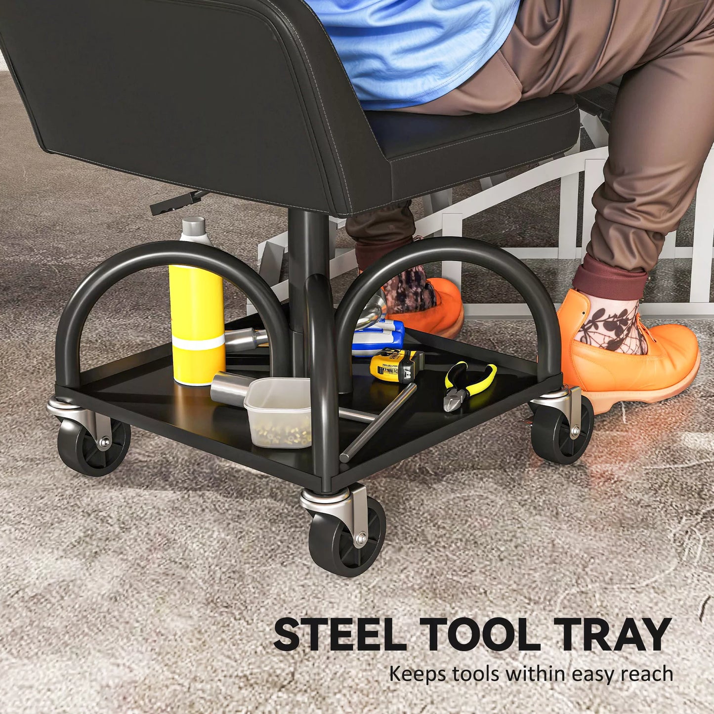 Dirbtuvės taburetė su ratukais ir laikymo lentyna, 58,5 cm aukščio, riedanti taburetė, atlaiko iki 135 kg, juoda