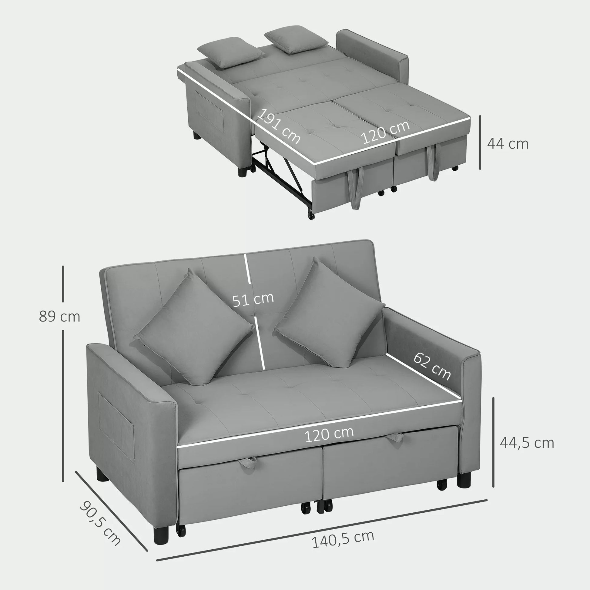 4in1 Sofa, reguliuojama sofa, sofa-lova, su pagalvėmis, audinio apmušalas, skirta svetainei, miegamajam, pilka