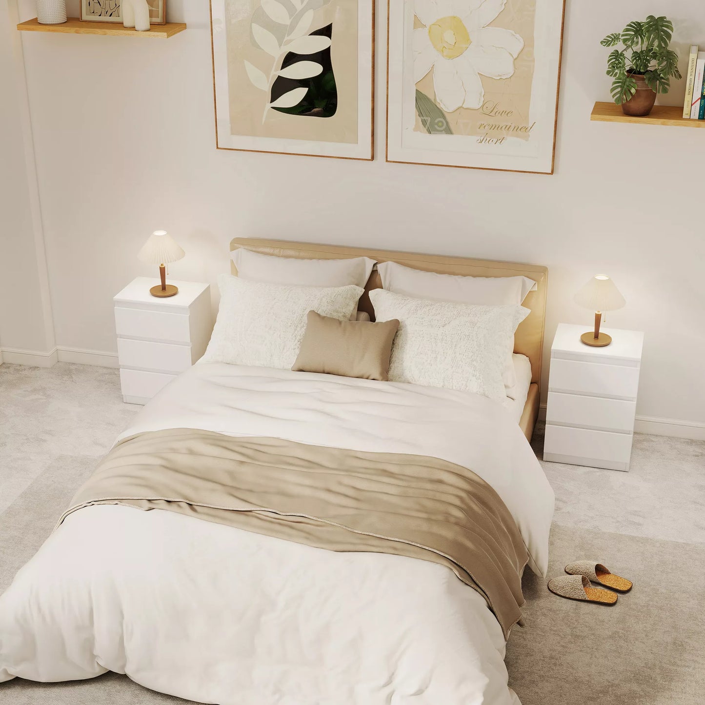 Naktiniai staleliai 2 vnt. komplekte, 3 stalčiai, beranktis dizainas, medžio imitacijos, balti