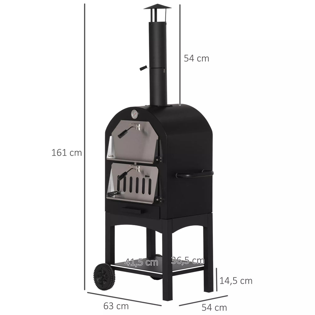 2-in-1 lauko picų krosnelė su ratukais Grilio krosnelė su apsauginiu dangčiu Picų mentė 2 grilio tinklai Grilio vežimėlis su kaminu 3 pakopų medinė krosnelė BBQ plieninė juoda + sidabrinė 63 x 54 x 161 cm