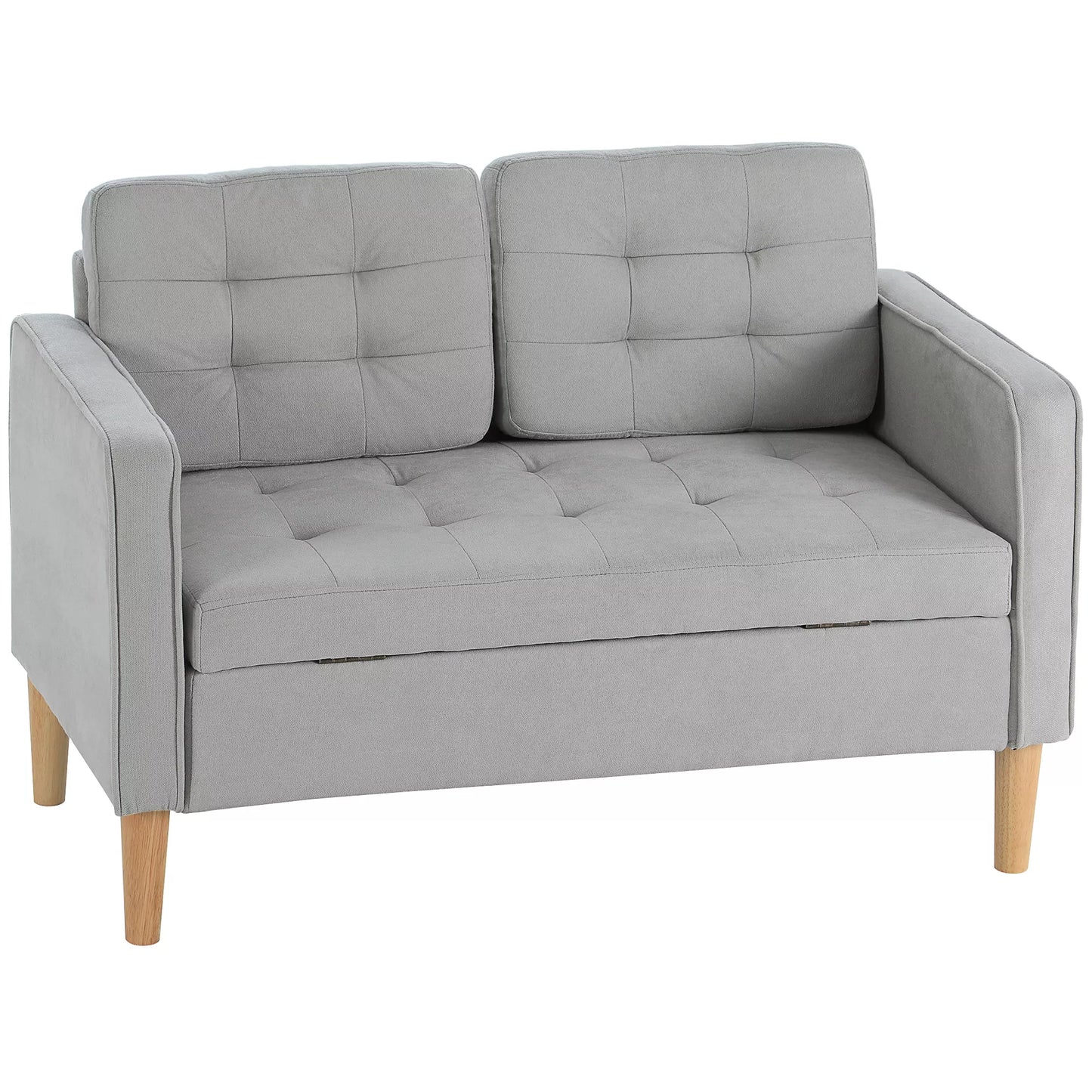 Dvivietė sofa su daiktų laikymo vieta, sagų siuvinėjimu, pagalvėlėmis, kaučiuko medžio mediena, 117x62x78 cm, šviesiai pilka