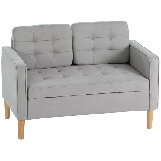 Dvivietė sofa su daiktų laikymo vieta, sagų siuvinėjimu, pagalvėlėmis, kaučiuko medžio mediena, 117x62x78 cm, šviesiai pilka