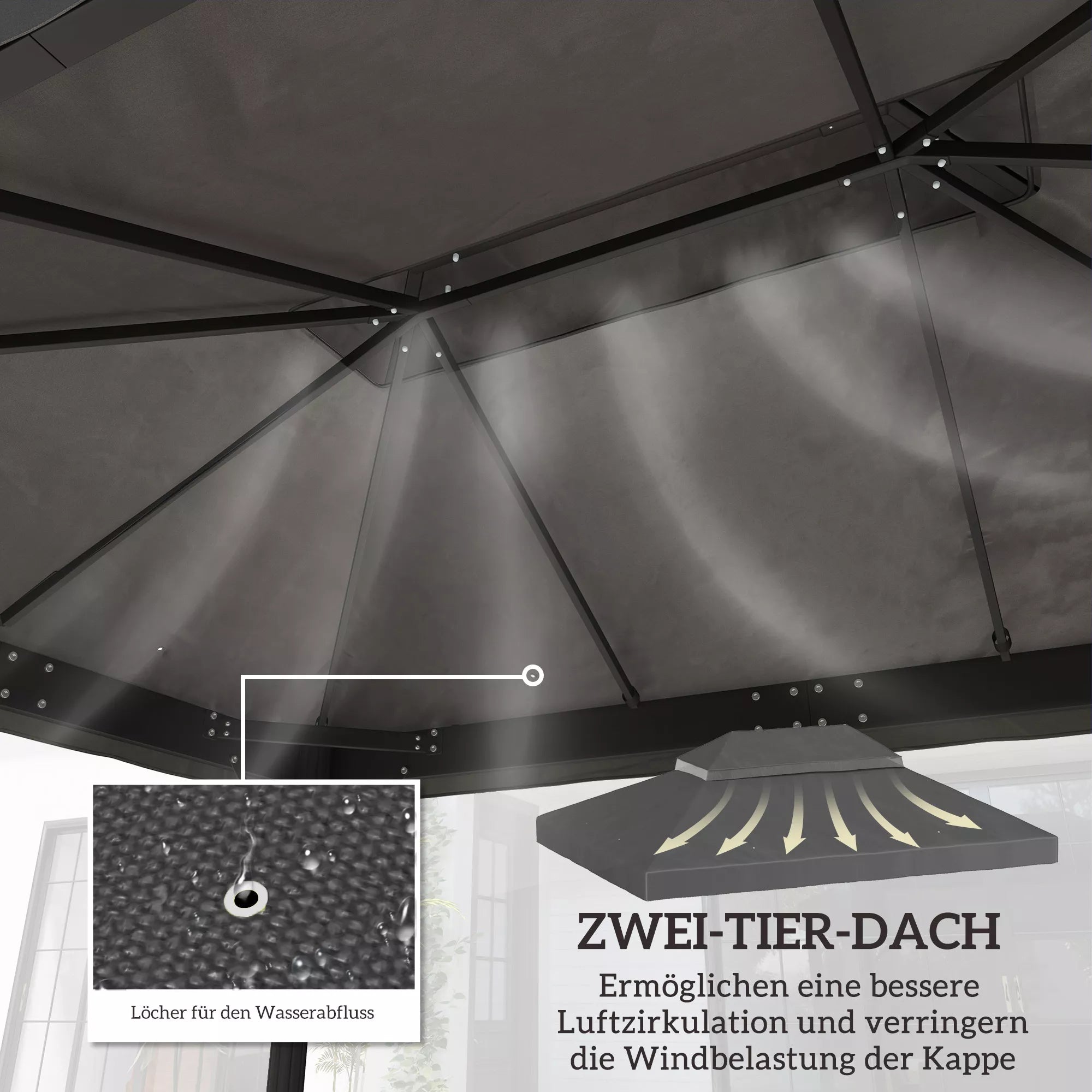 Pavilion pakaitinis stogas, 3 x 4 m, pakaitinis tentas su vandens nutekėjimo angomis, poliesteris, apsauga nuo saulės, UPF30+, tamsiai pilkos spalvos