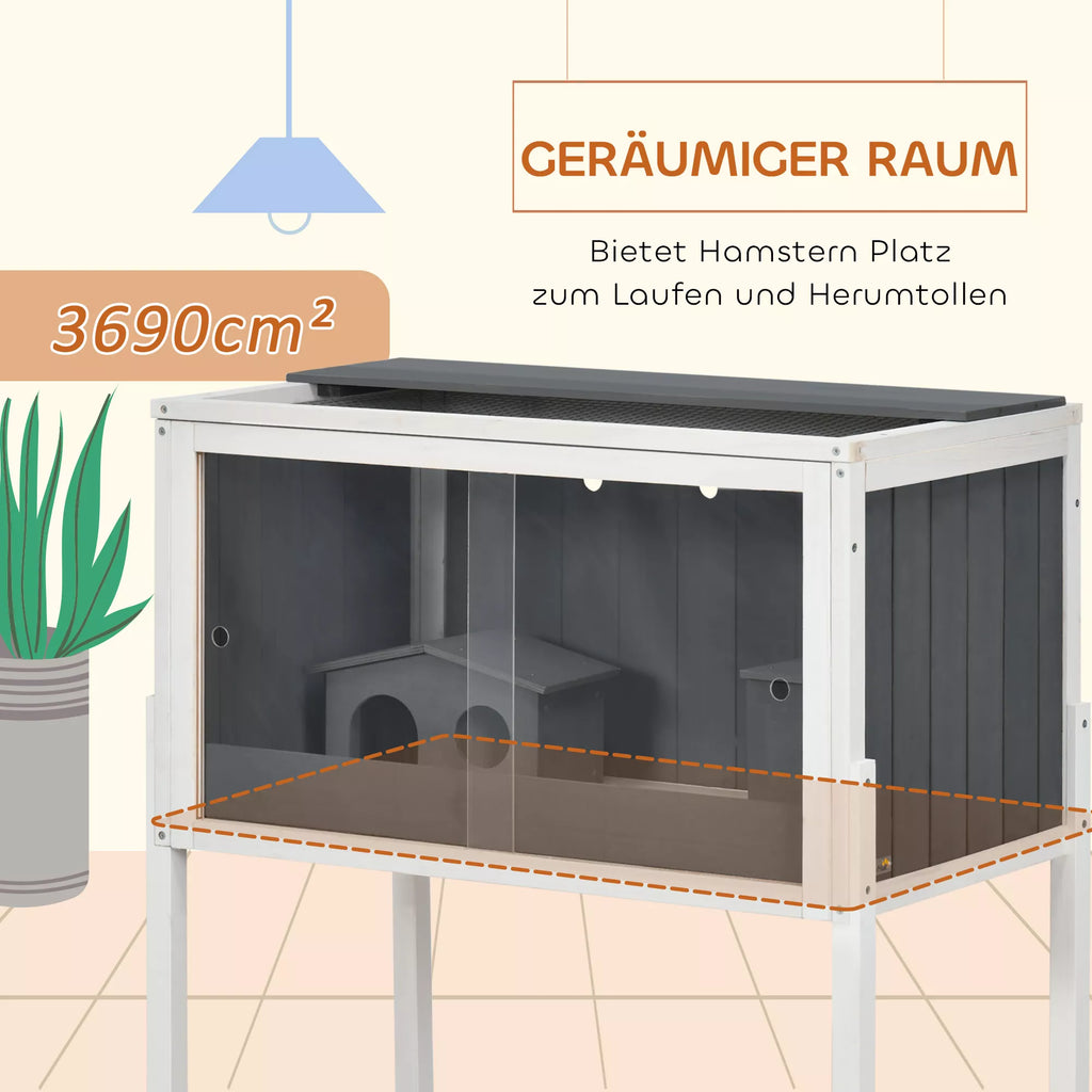 Hamsterio narvelis, 3000 cm² medinis ir metalinis narvelis nykštukiniams hamsteriams, su 2 nameliais, akrilo stumdomosiomis durimis, tvirtas, saugus, pilkos ir baltos spalvos