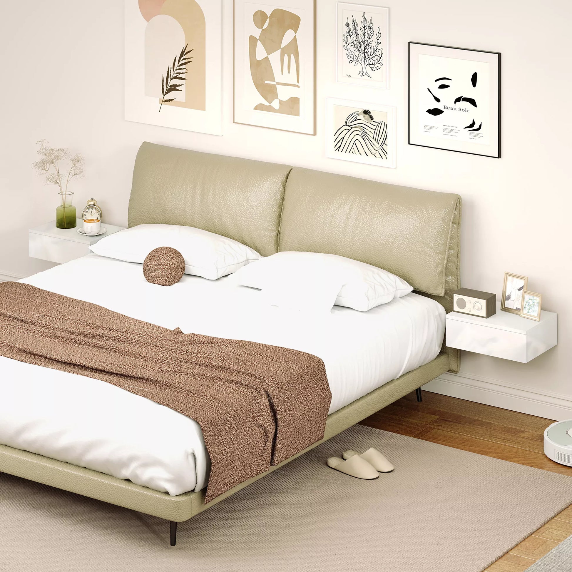 2 vnt. naktiniai staliukai, tvirtinami prie sienos, su stalčiumi, miegamajam, medžio drožlių plokštė, balta