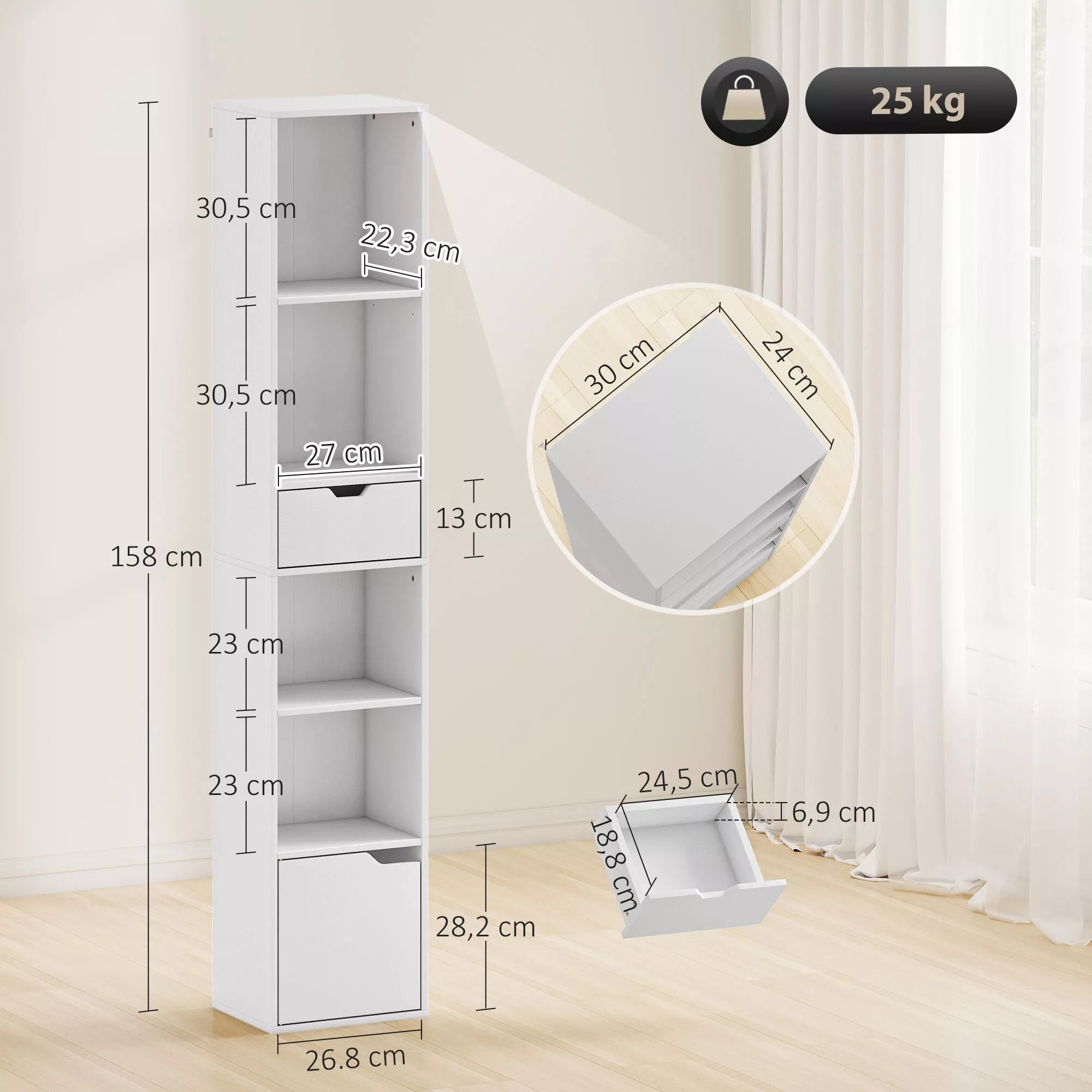Infografika: baltos knygų lentynos matmenys 158x30,5x26,8 cm, 25 kg apkrova