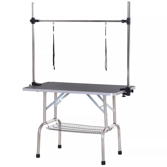 Reguliuojamo aukščio sulankstomas gyvūnų priežiūros stalas, šunų kirpimo stalas, su apatine lentyna, šunims ir katėms iki 100 kg, juodas