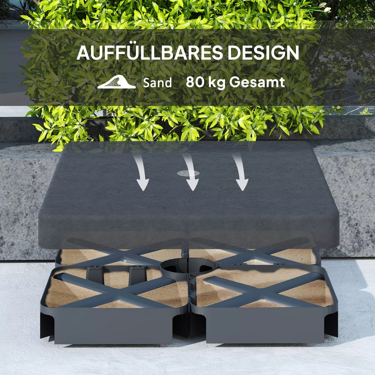 Pagrindo svoriai skėčių stovams, vandeniui atsparūs, užpildomi smėliu, plastikiniai, 89 cm x 89 cm x 10,5 cm, juodi