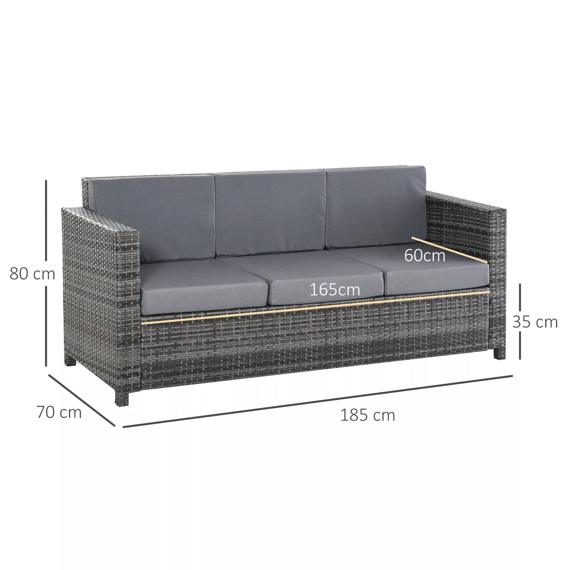 Poli-rotango sofa su pagalvėlėmis, 3 vietų, sodo poilsio sofa, metalas, poliesteris, pilka, 185 x 70 x 80 cm
