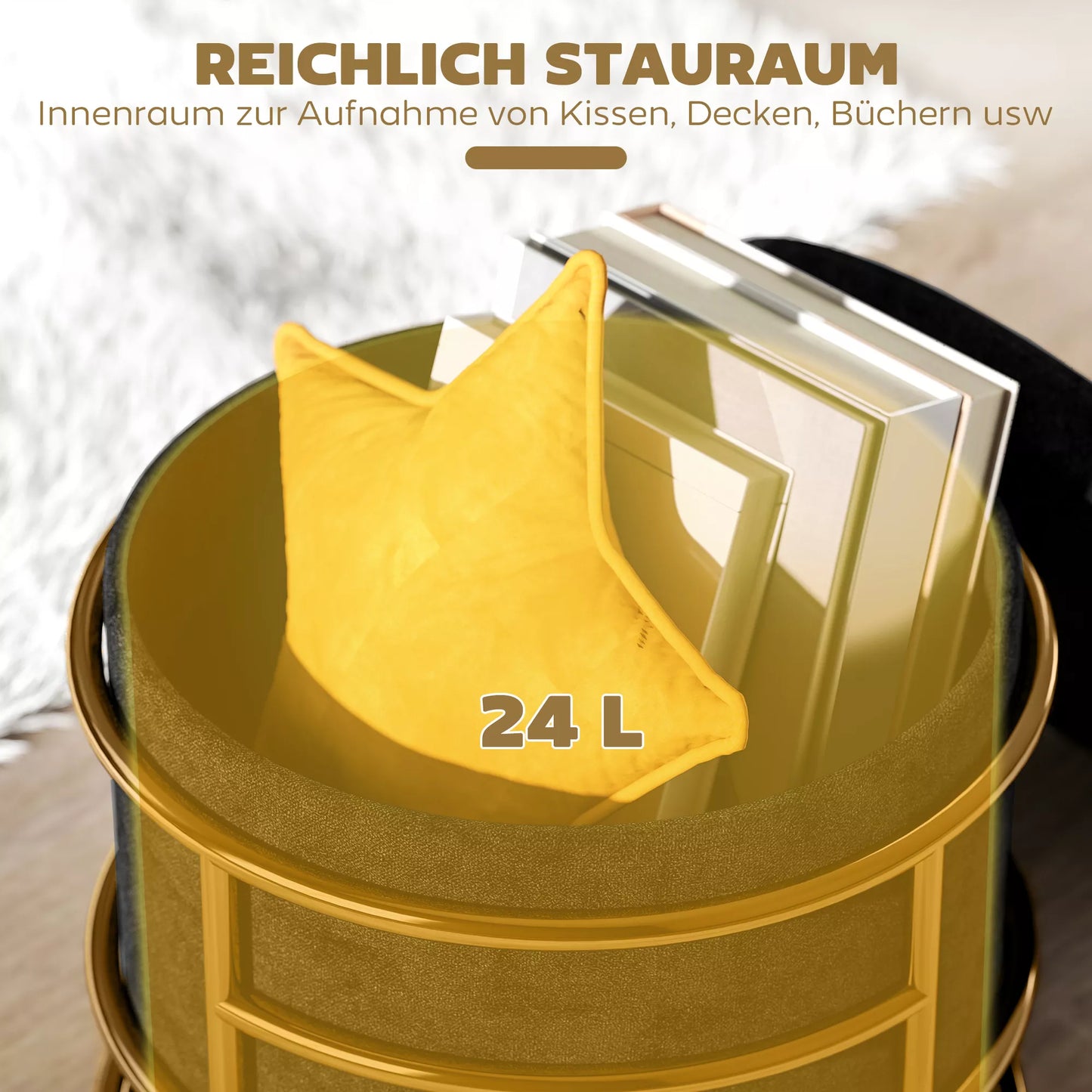 Pufas su daiktadėže, minkštas pufas, metalinis rėmas, paauksuotas, juodas