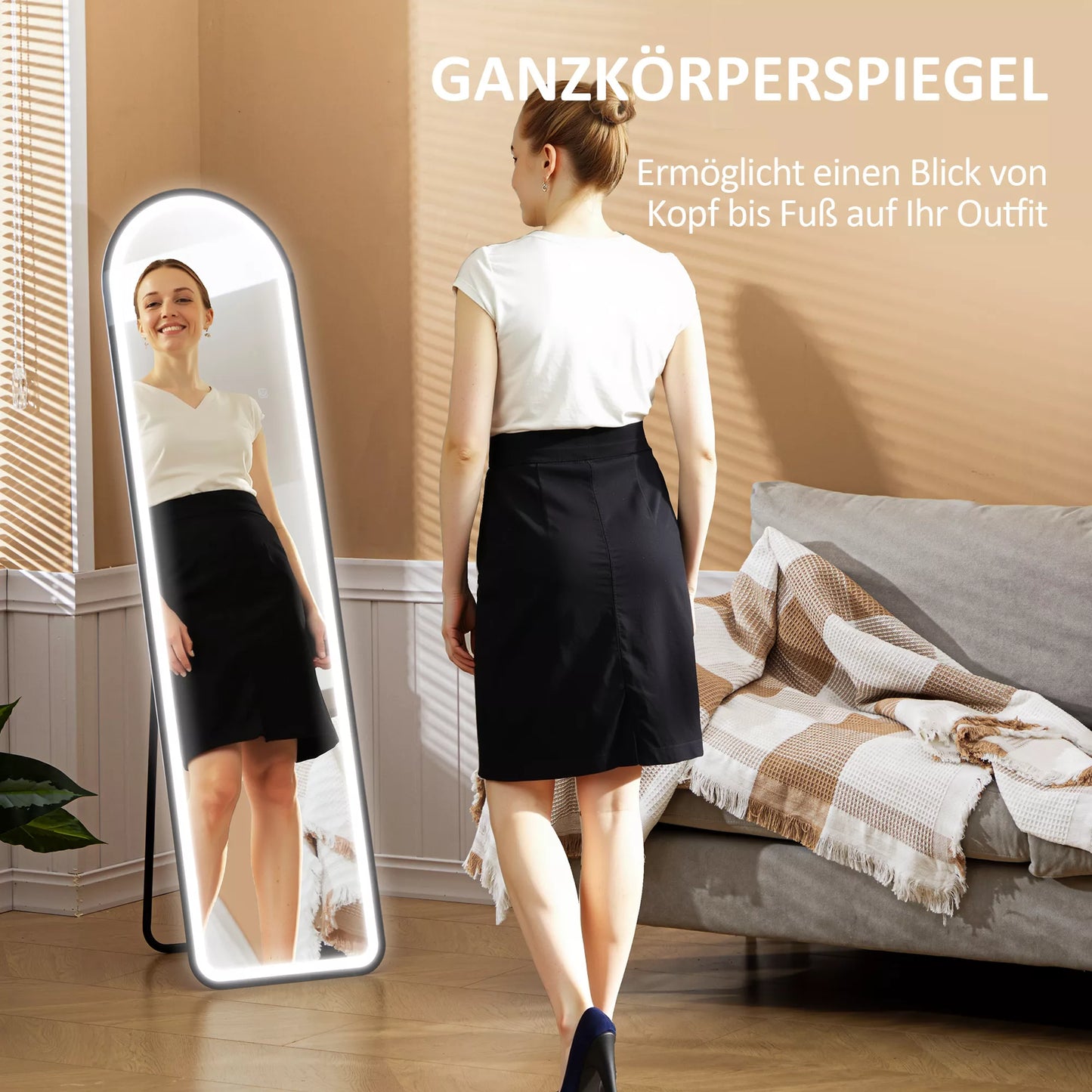 Viso kūno veidrodis, 150 x 40 cm, pastatomas veidrodis su pritemdomu LED apšvietimu svetainei, miegamajam