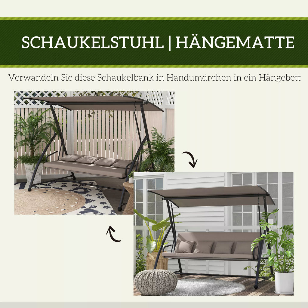 2-in-1 holivudo sūpynės su atlošimo funkcija, 3-vietės sodo sūpynės iš plieno Sūpynės suoliukas 170x110x153 cm, šviesiai rudos spalvos