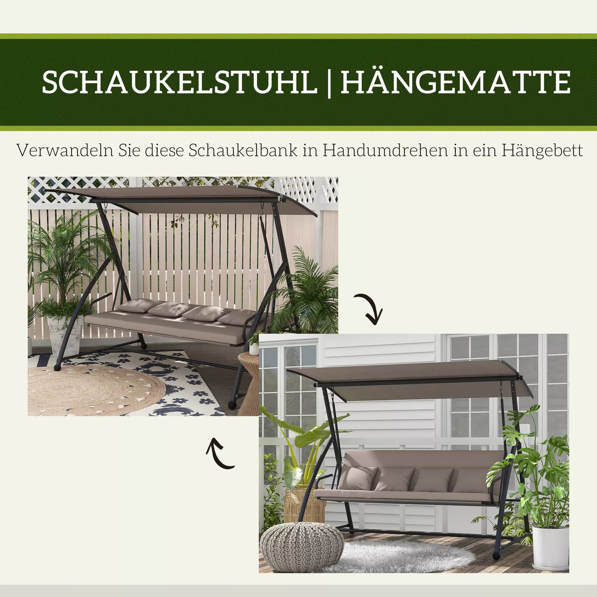 2-in-1 holivudo sūpynės su atlošimo funkcija, 3-vietės sodo sūpynės iš plieno Sūpynės suoliukas 170x110x153 cm, šviesiai rudos spalvos