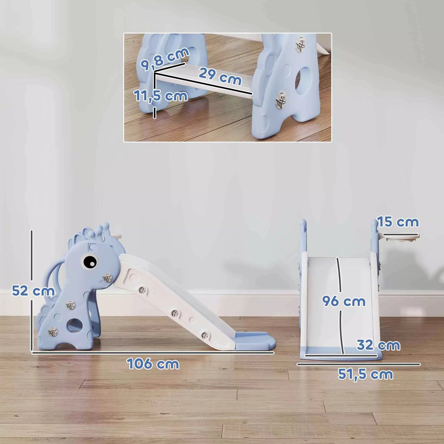 3-in-1 čiuožykla vaikams, žirafos formos, su krepšinio lanku ir kamuoliu, mėlyna