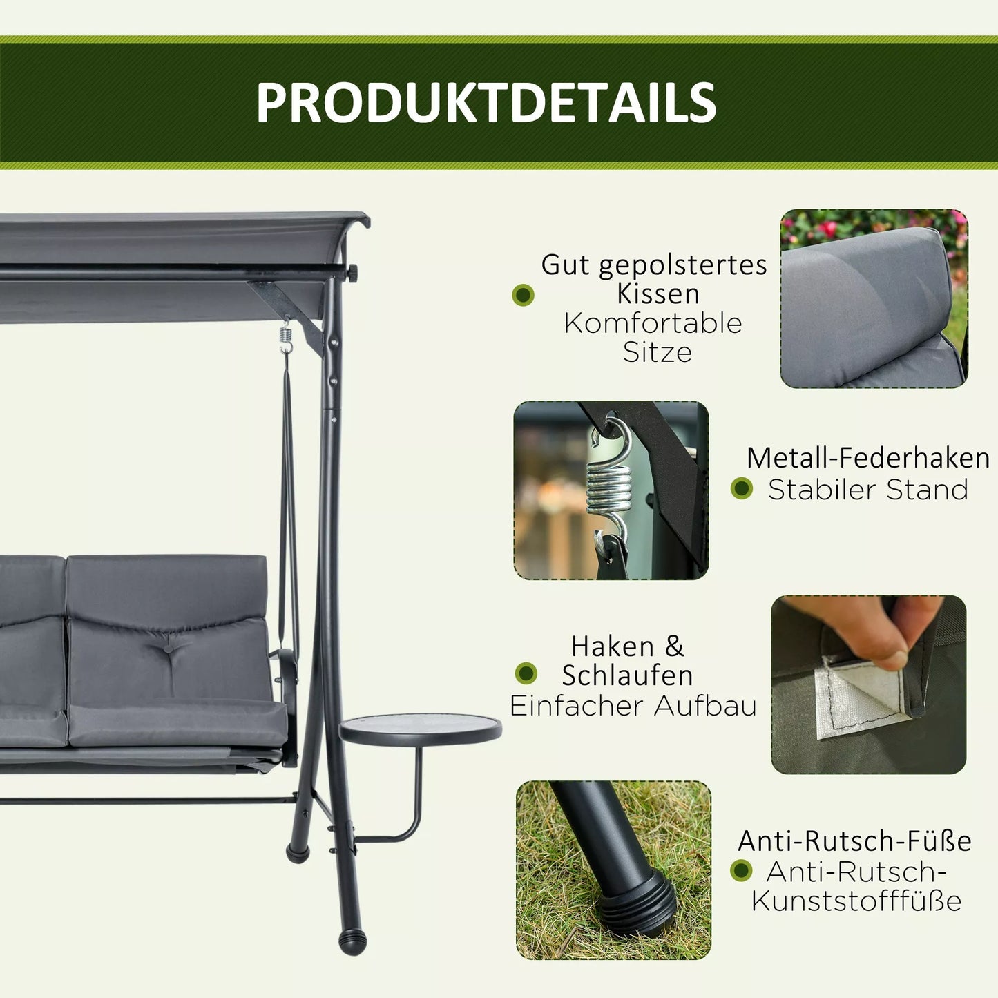 Sūpuoklė 3 vietų sodo sūpuoklės Supamoji suoliukas su reguliuojamu stogeliu nuo saulės Arbatos staliukas Plienas Poliesteris Pilka+Juoda 271 x 125 x 177 cm