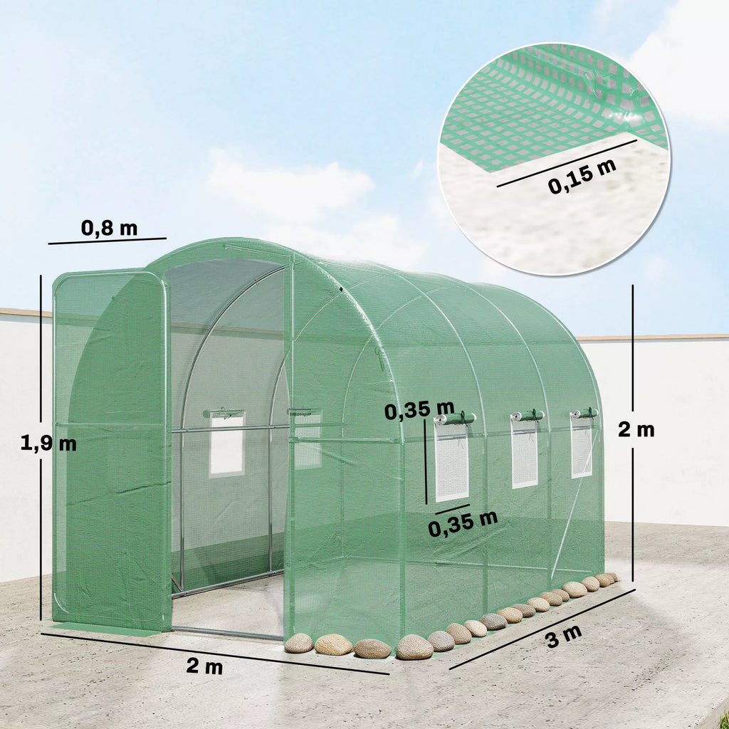 Arkinis šiltnamis su rakinamomis varstomomis durelėmis ir šešiais tinkliniais langais, folinis šiltnamis, pe-ratanas ir plienas, 3 x 2 x 2 m, žalia
