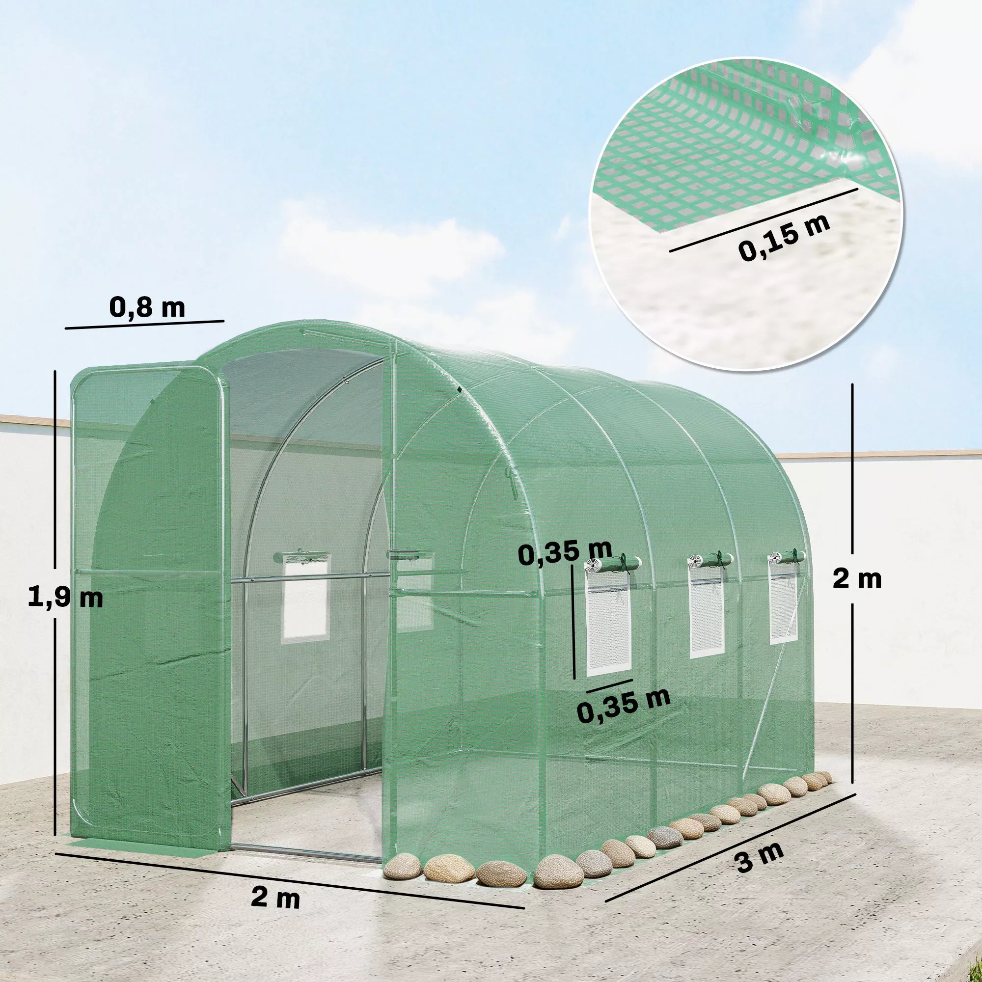 Arkinis šiltnamis su rakinamomis varstomomis durelėmis ir šešiais tinkliniais langais, folinis šiltnamis, pe-ratanas ir plienas, 3 x 2 x 2 m, žalia
