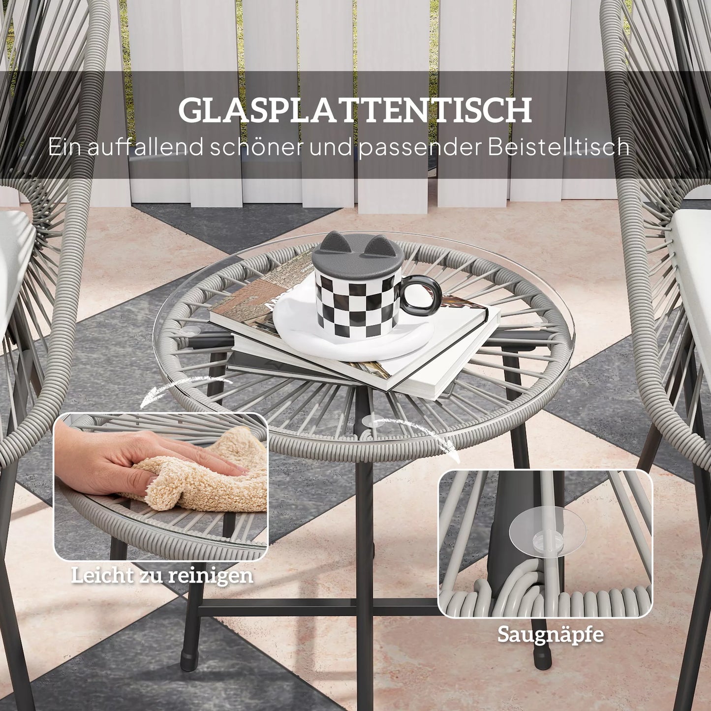 3 dalių lauko baldų komplektas, 1 stalas, 2 kėdės, ratano pynimas, plieninis rėmas, kavos staliukas su stiklo plokšte, tamsiai pilkas