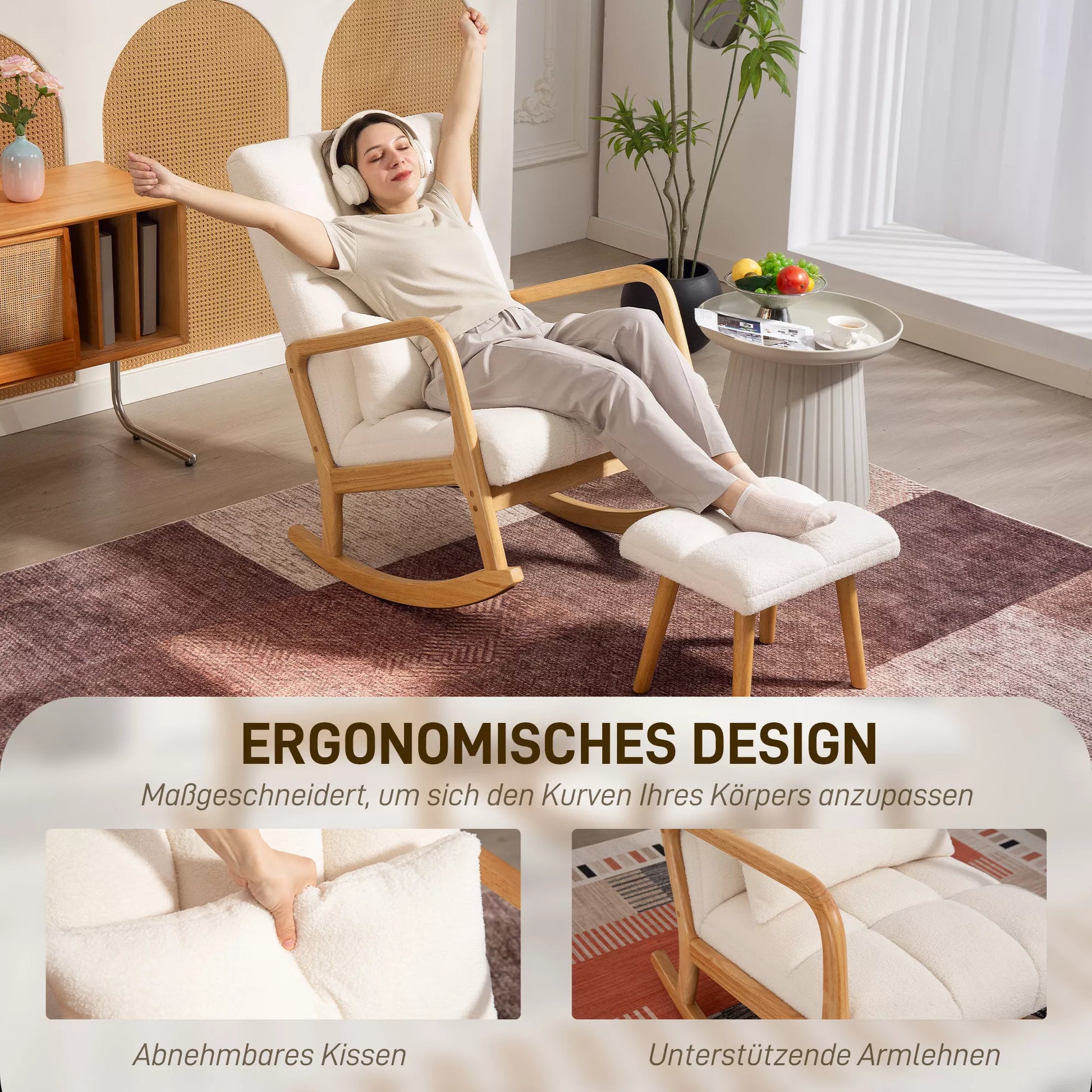 Sūpynės kėdė su pėdų atrama, vilnonis apmušalas, aukšta atlošimo dalis, medinės kojos, pėdų pagalvėlės, balta spalva