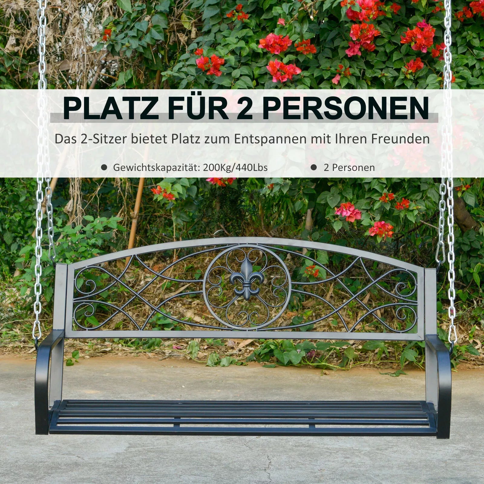 Pakabinama suolelė 2 vietų Sodo sūpynės Sūpynės suolelis Holivudo sūpynės Pakabinama suolelė su grandinėmis Metalo Juoda 132 x 63 x 58 cm