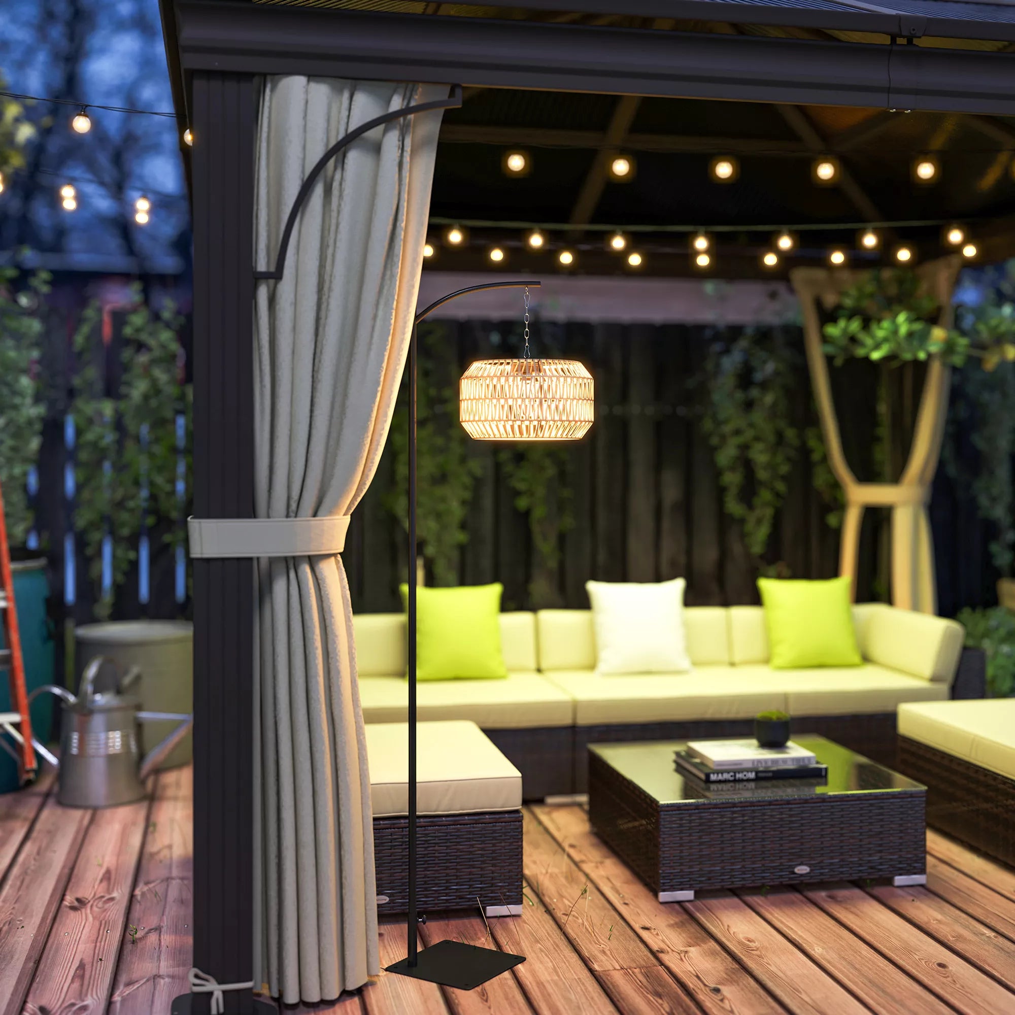 Saulės stovas Rattan saulės lempos su šviesos jutikliu Automatinis saulės šviestuvas boho stiliaus IP44 Juoda+Geltona