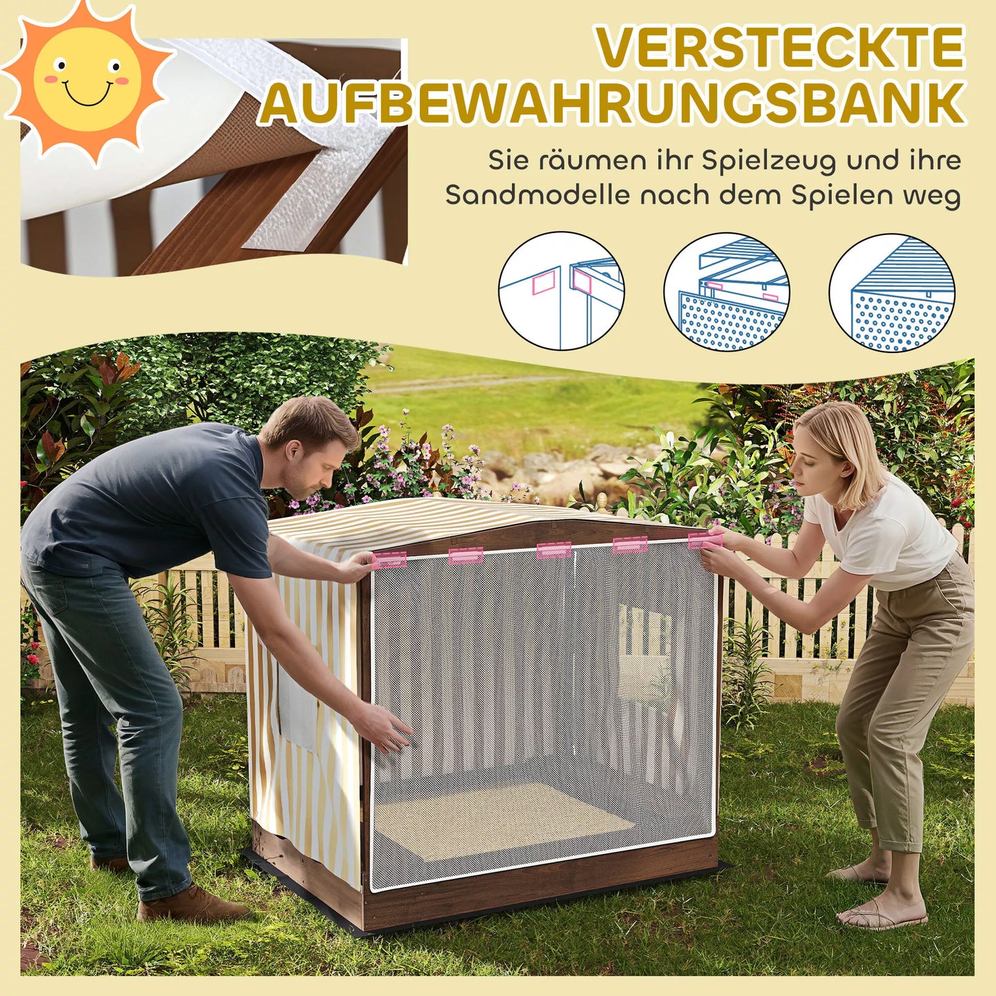 Smėlio dėžė su stogeliu ir tinklinėmis durelėmis, suoliukais, dugno apsauga, ruda