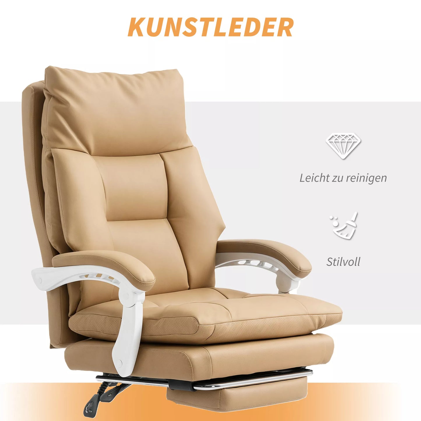 Ergonomiška biuro kėdė su juosmens atrama, sulankstomomis atlenkiamomis atramomis, kojų atrama, šviesiai rudos spalvos