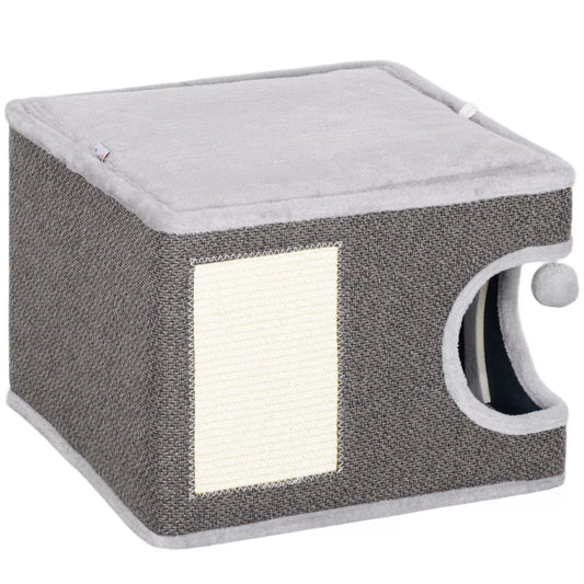 Katės namelis su 2 pagalvėlėmis, lova, guoliu, draskymo kilimėliu, žaisliniu kamuoliuku, mažu draskomuoju medžiu, pilkos spalvos