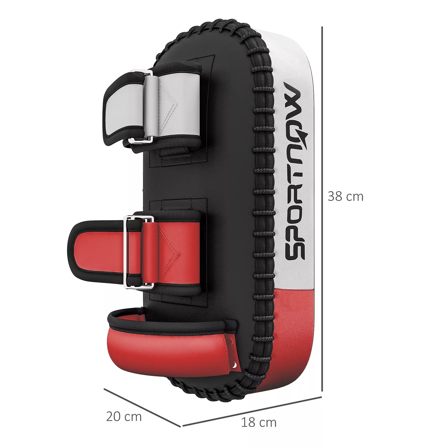 Smūgių pagalvėlė Muay Thai, Kickboxui, dirbtinės odos užvalkalas, 0,4 kg, 38x20x18 cm, Juoda/Raudona/Balta