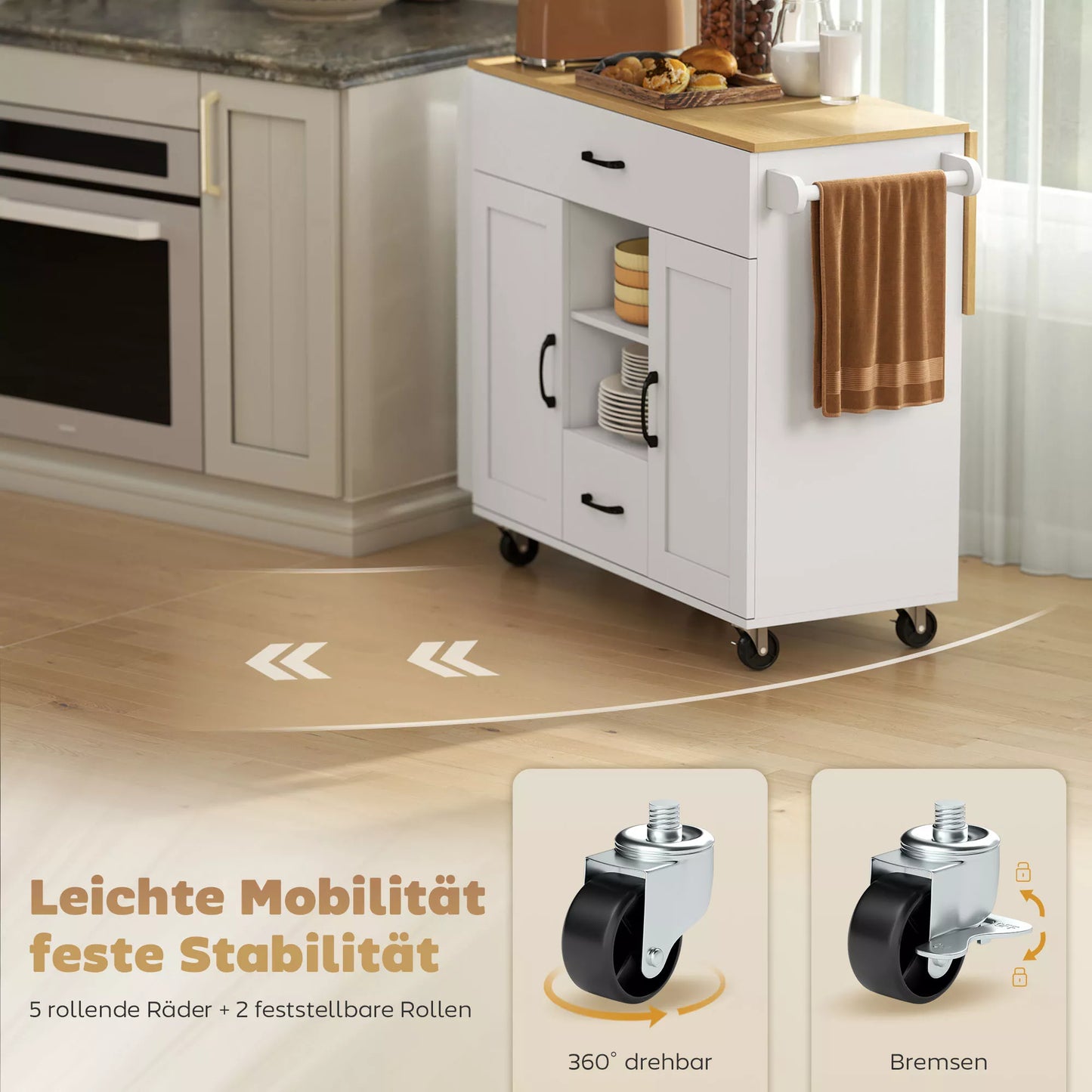 Kompaktiška virtuvės salelė su ratukais, prailginamu stalviršiu, švelniai užsidarančiomis durelėmis, stalčiais ir rankšluosčių laikikliu. Pagaminta iš baltos MDF plokštės.