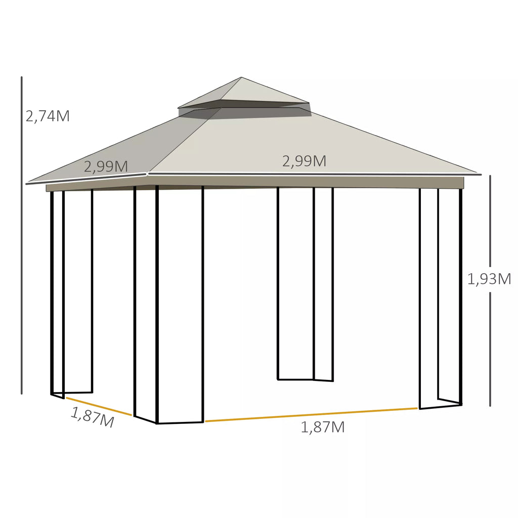 Sodo paviljonas su dvigubu stogu Paviljonas Sodo palapinė Šventinė palapinė 4 x šoninės sienos Metalo + poliesterio smėlio spalvos 2,99 x 2,99 x 2,74 m