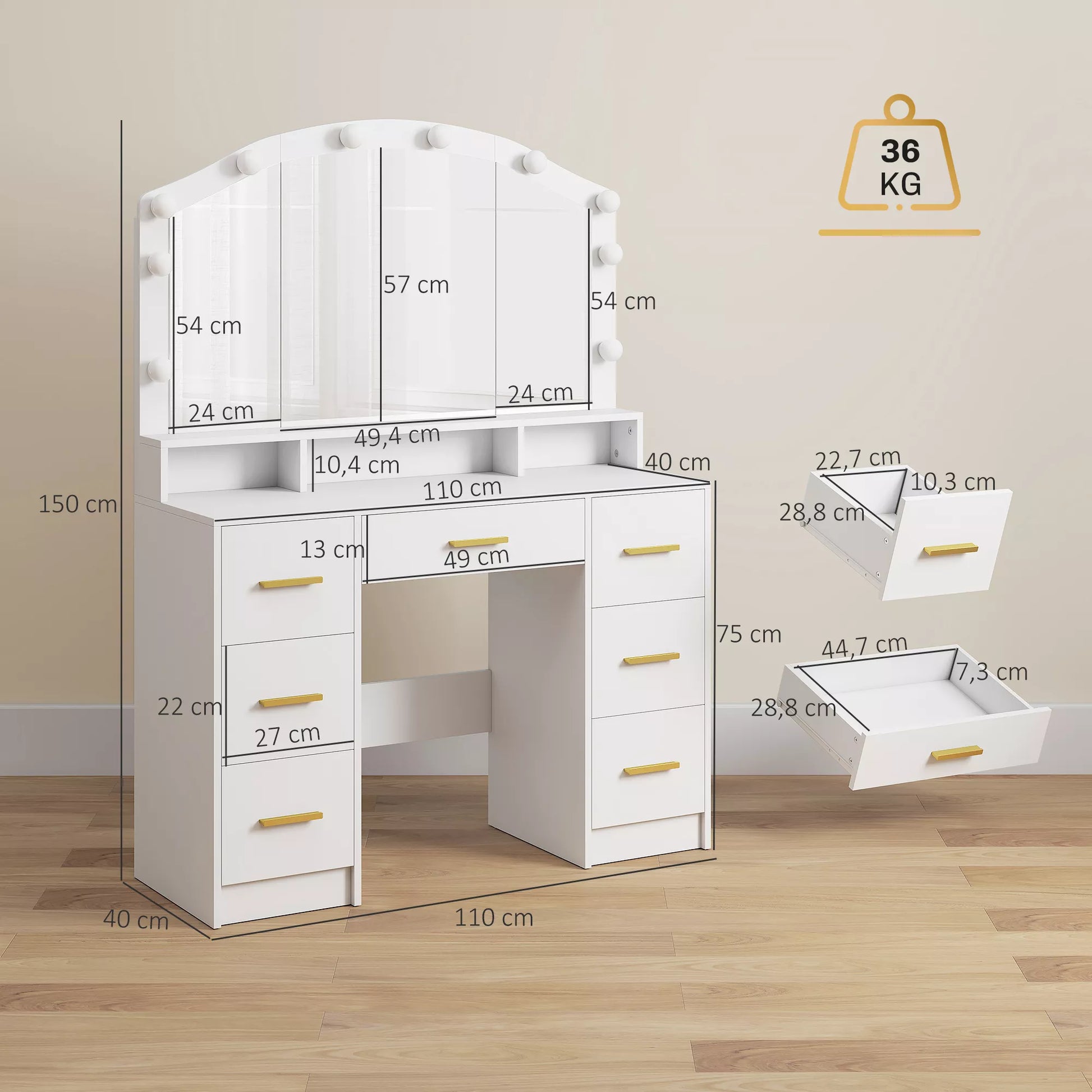 Kosmetinis staliukas su 10 LED Holivudo lempučių, veidrodis, 7 stalčiai, 3 skyreliai, MDF, balta