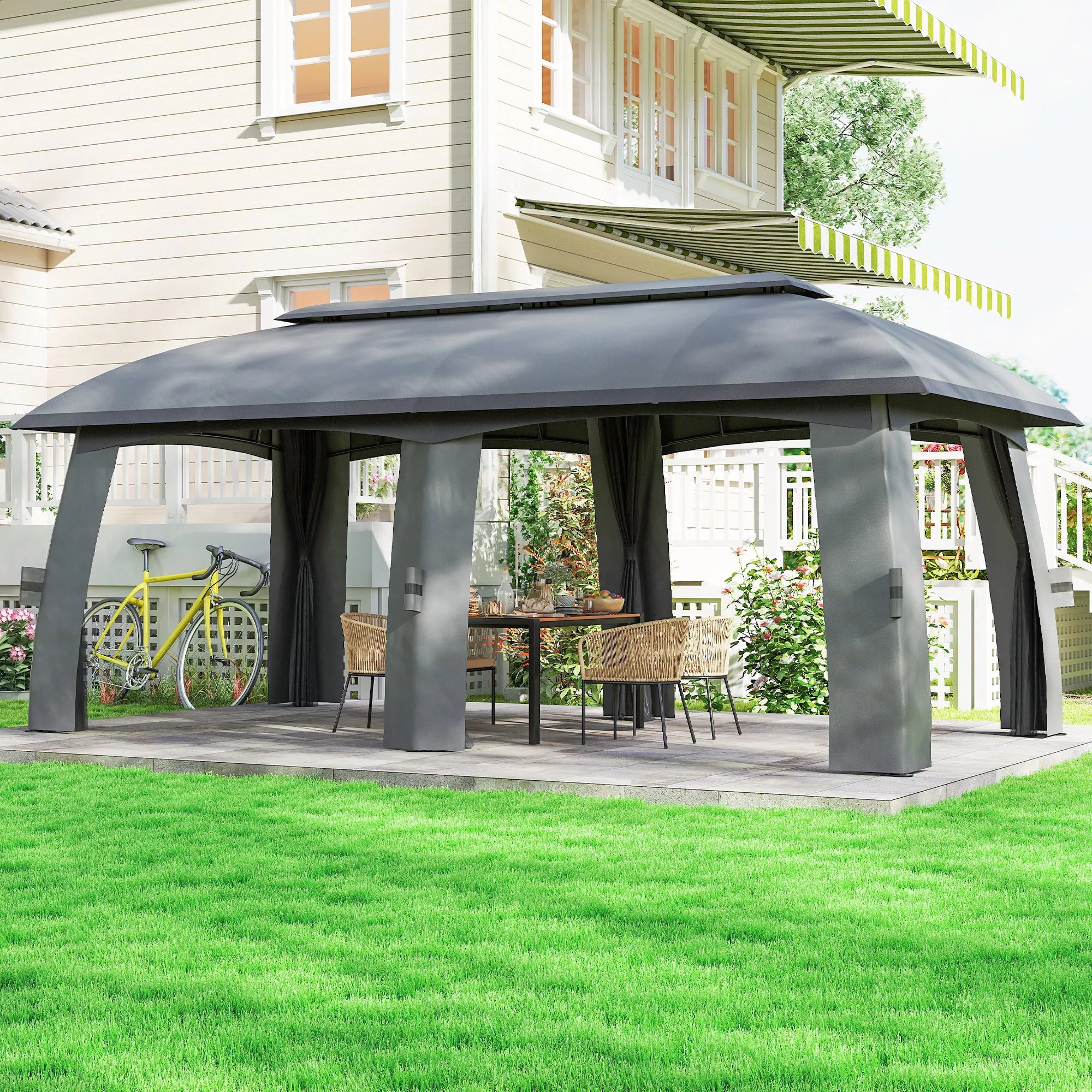 Paviljonas, šventinė palapinė, su tinklais nuo vabzdžių, apsauga nuo vėjo, iki 15 žmonių, tamsiai pilkos spalvos, 3 x 6 x 3 m