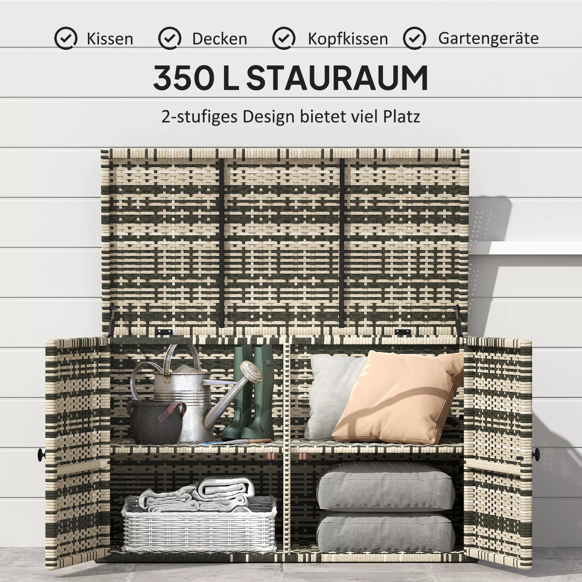 Rattan laikymo dėžė 350L 2-lygių pagalvėlių dėžė su dangčiu, kėlimo rankenomis, nešimo rankenomis 118 x 57 x 69 cm mišrios pilkos spalvos