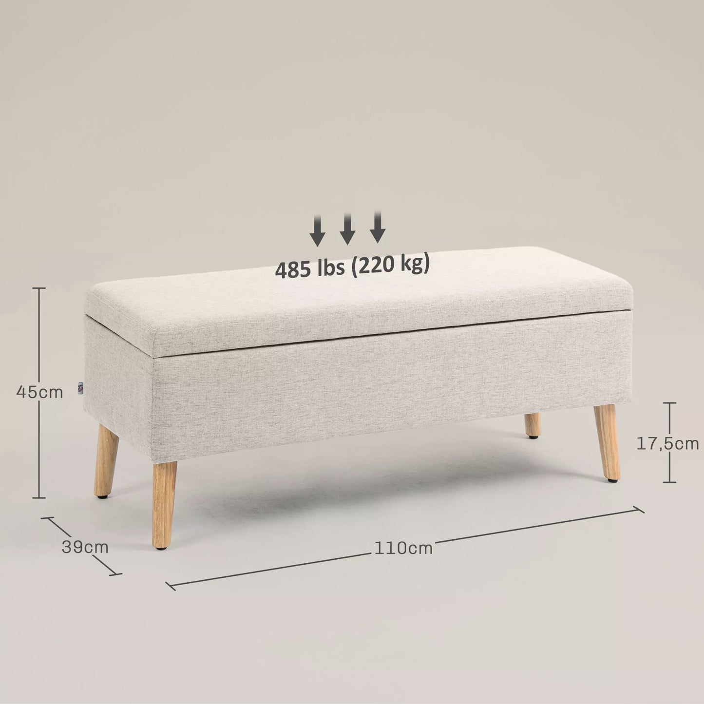 Suolas su daiktadėže, iki 220 kg, lininės išvaizdos, 110x39x45cm, smėlio spalvos