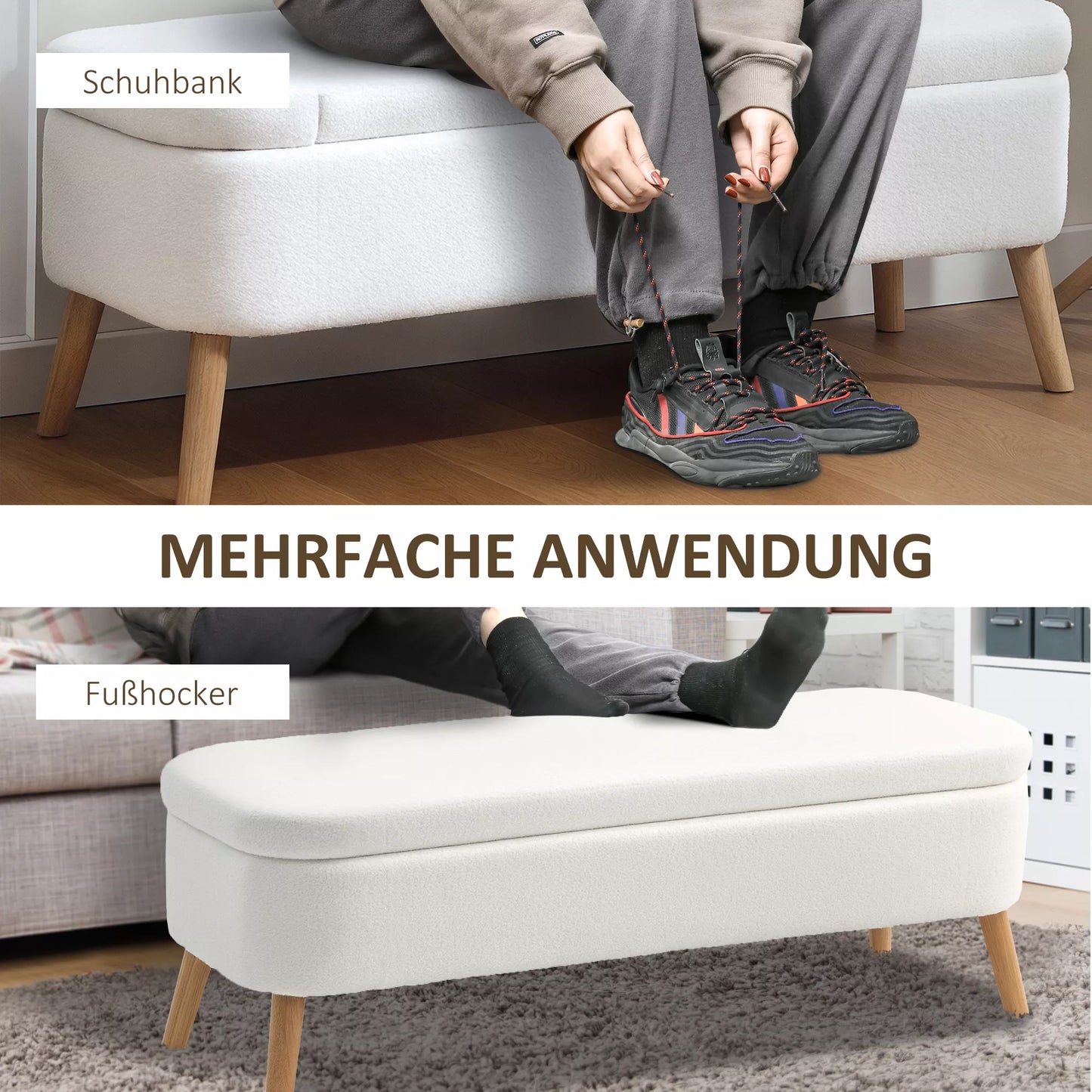 Sandeliukų suolas, sėdimoji suolas su 65 l talpa, Teddy Fleece audinys, kaučiuko mediena, 120 x 42 x 45 cm, kreminės baltos spalvos