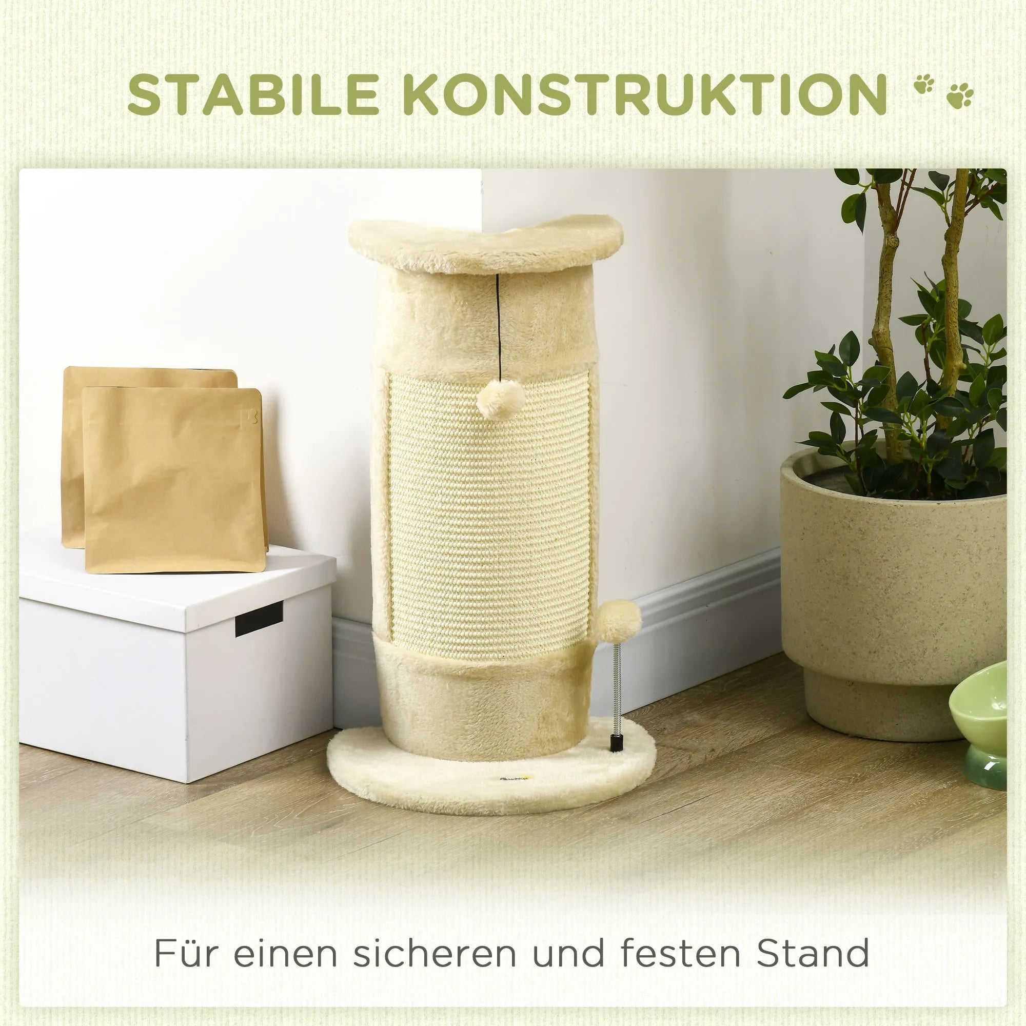 Katės draskyklė į kampą su žaislais, 58 cm, kreminės balta