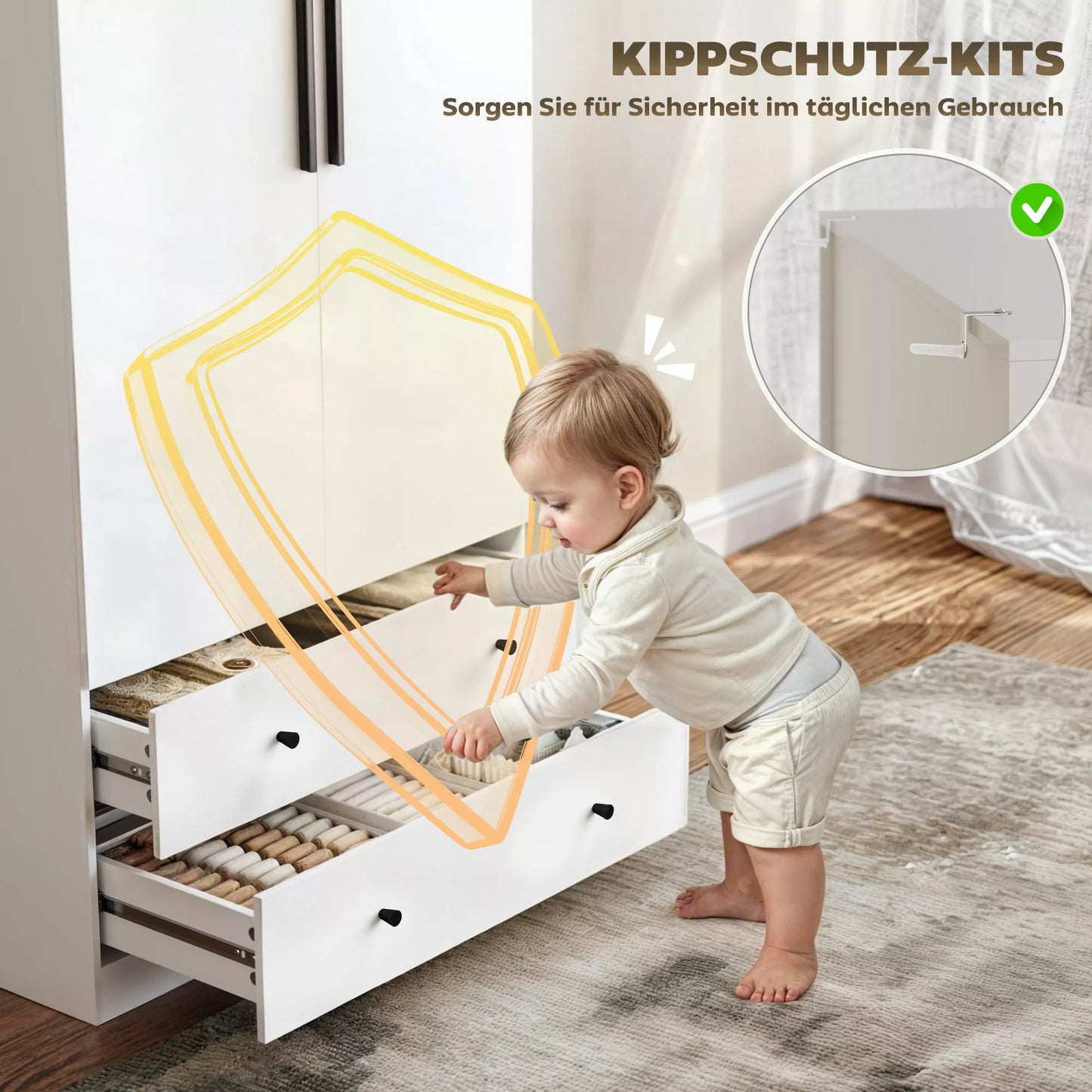 Drabužių spinta, 2 durys, pakabinama zona, drabužių kabykla, 2 stalčiai, medžio drožlių plokštė, balta