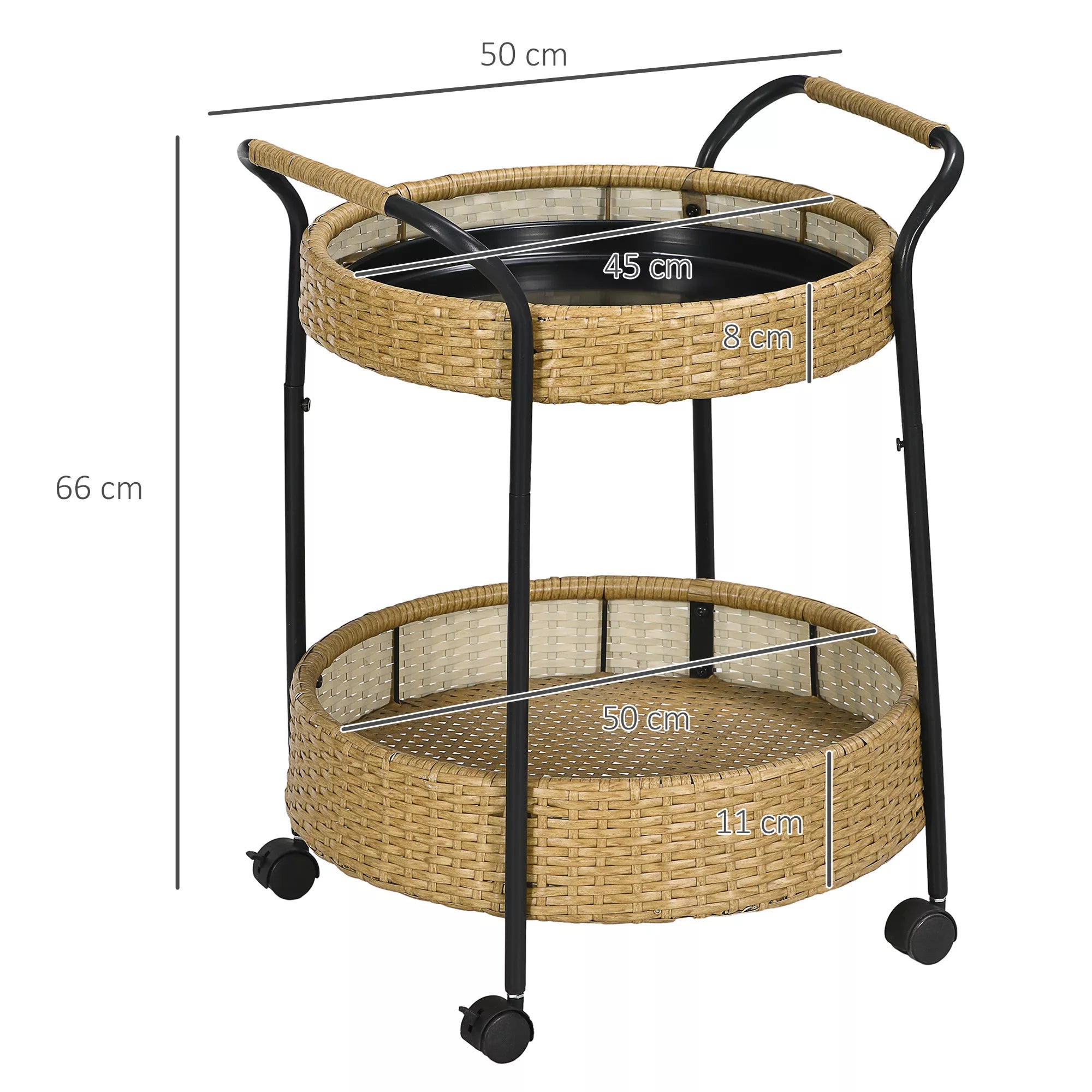 Lauko serviravimo vežimėlis, 2 aukštai, stabdžiai, polirattan, metalinis rėmas, Φ50 x 66H cm, geltonas