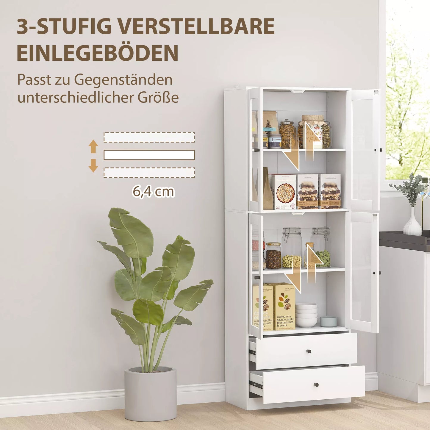 Virtuvės spinta su stalčiais ir stiklinėmis durimis, balta, melamino paviršius