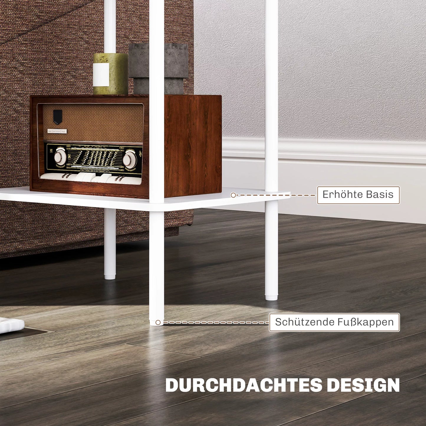 Modernus 2 pakopų staliukas su daiktadėže ir metaliniu rėmu svetainei, miegamajam, baltas