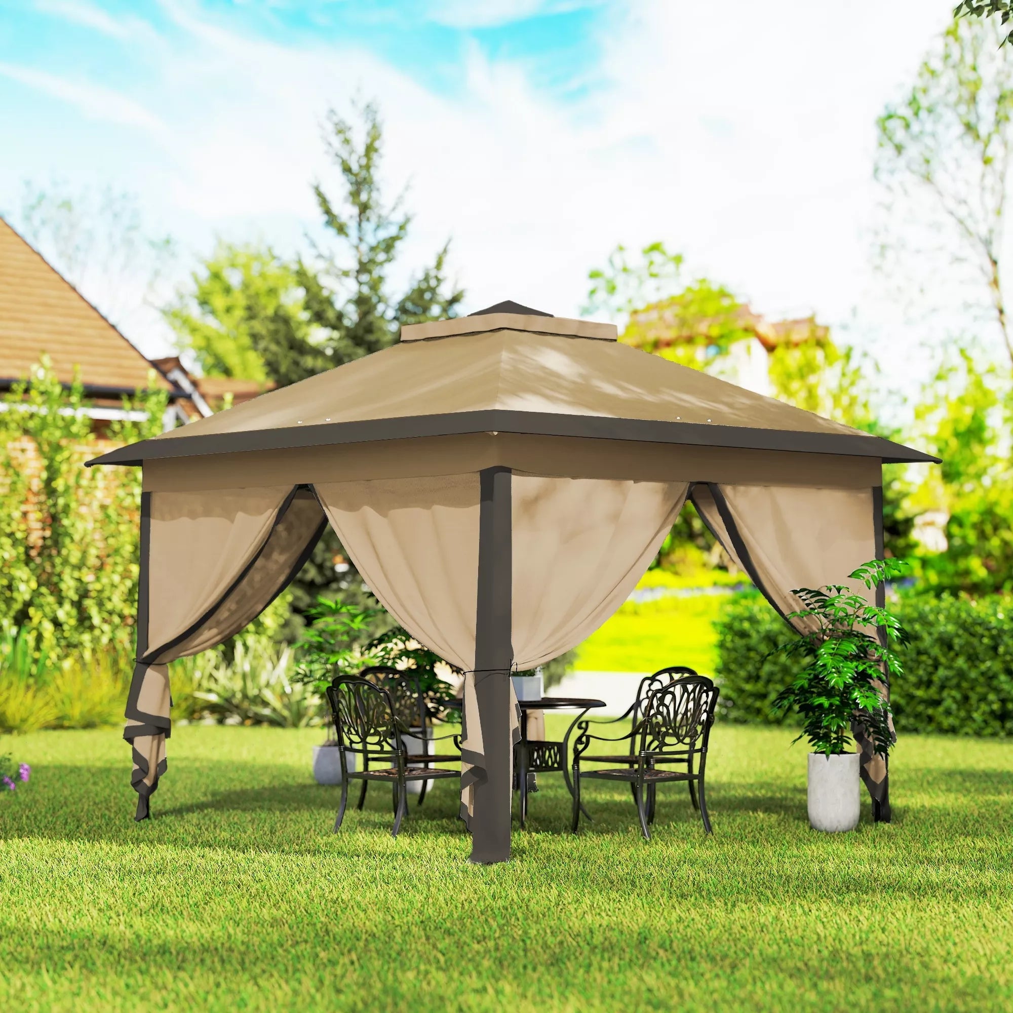 Sulankstomas paviljonas, sodo paviljonas, metalas ir audinys, tinklinės užuolaidos, drenažo angos, 330L x 330B x 288H cm, smėlio spalvos
